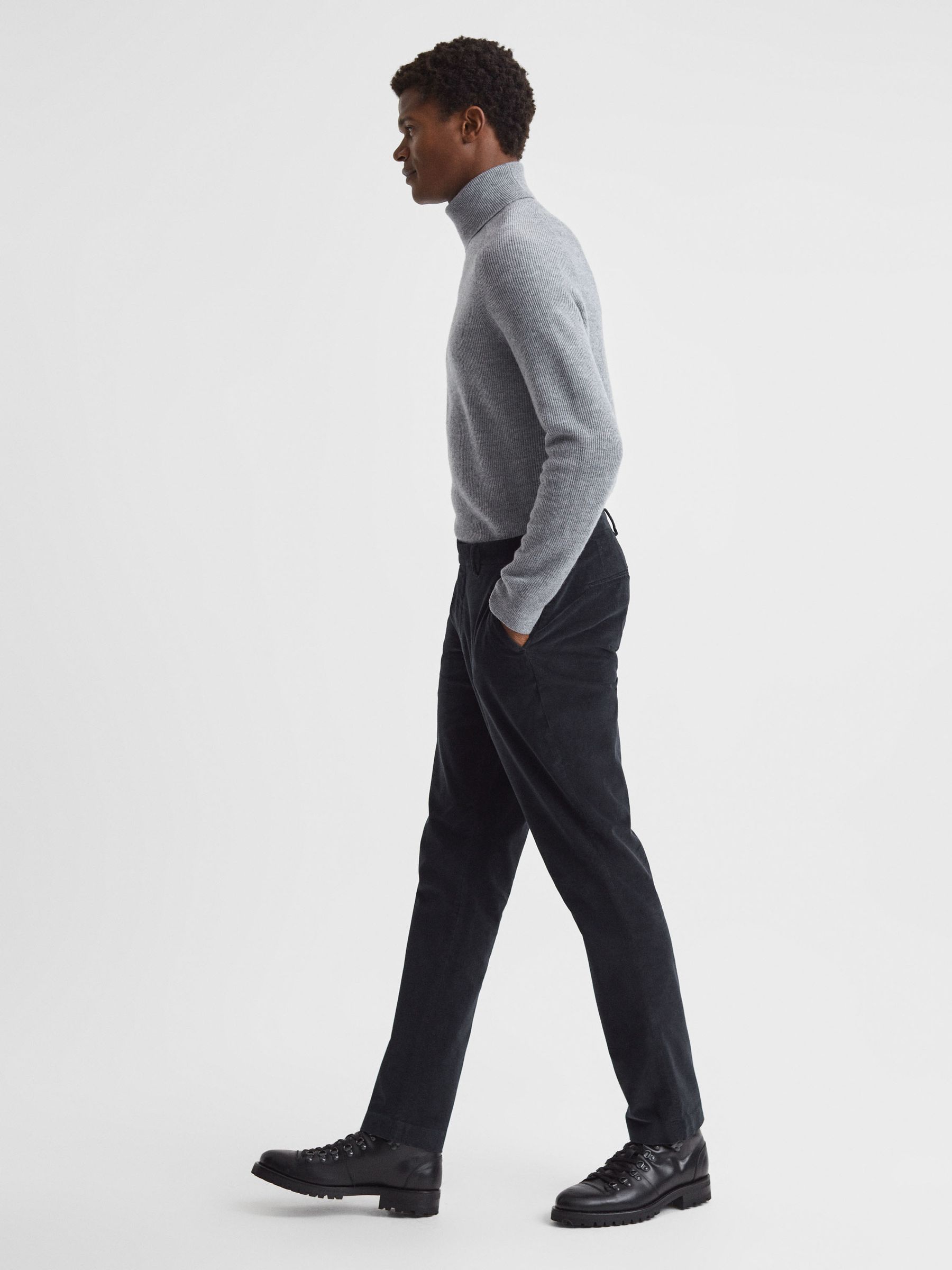 Slim Fit Brushed Cotton Trousers in Navy - Image 6 of 6