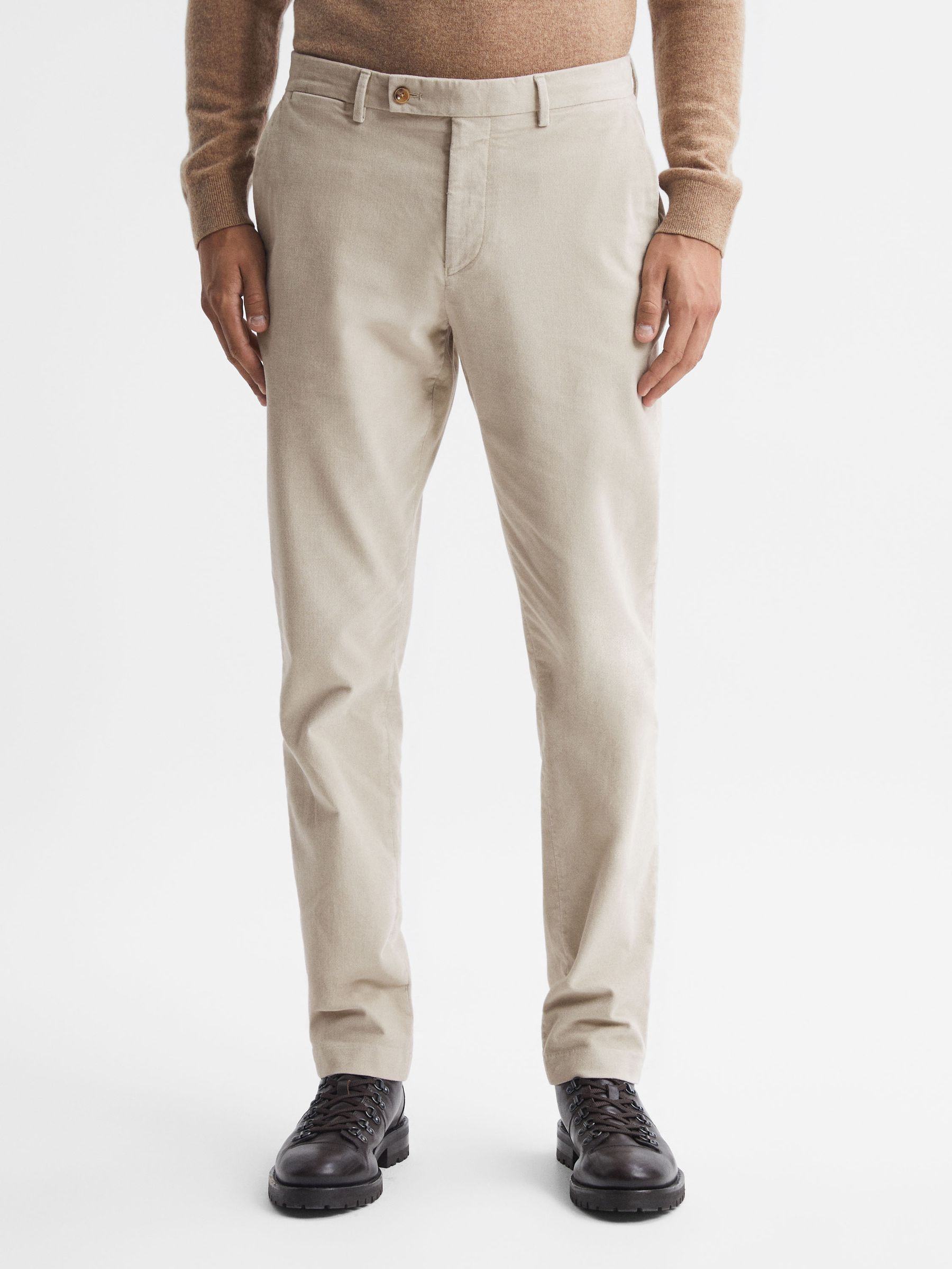 Slim Fit Brushed Cotton Trousers in Oatmeal - Image 1 of 4