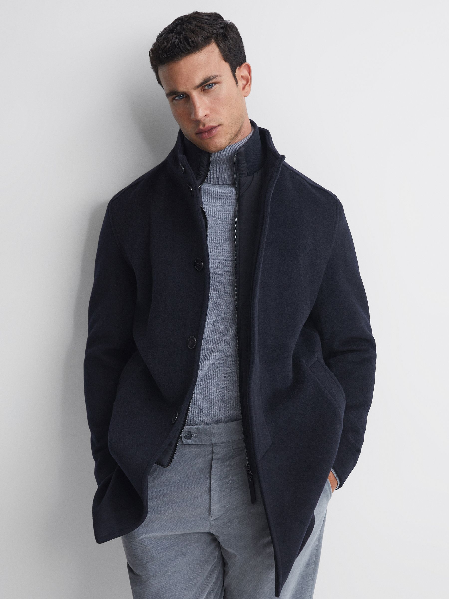 Wool Removable Insert Longline Coat in Navy - Image 1 of 5