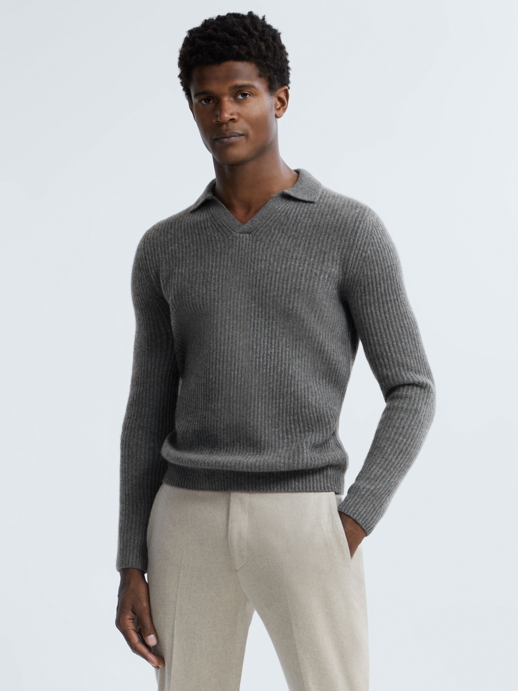 Atelier Cashmere Ribbed Open-Collar Top in Charcoal Melange - Image 1 of 7