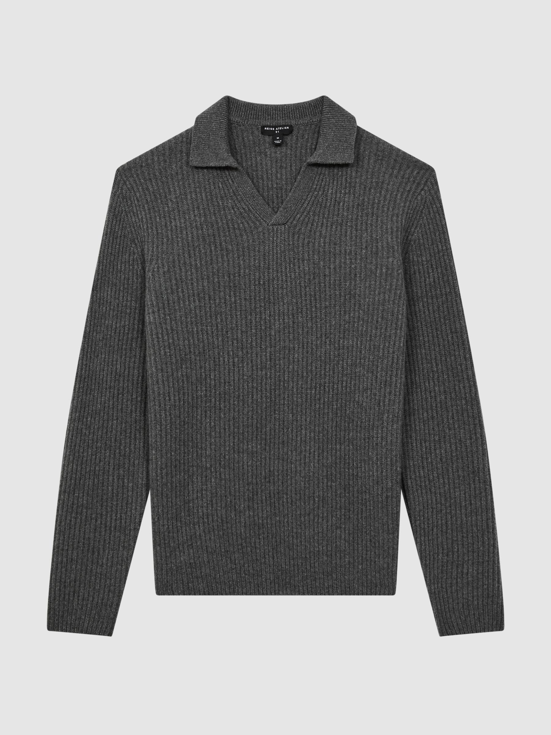 Atelier Cashmere Ribbed Open-Collar Top in Charcoal Melange - Image 2 of 7