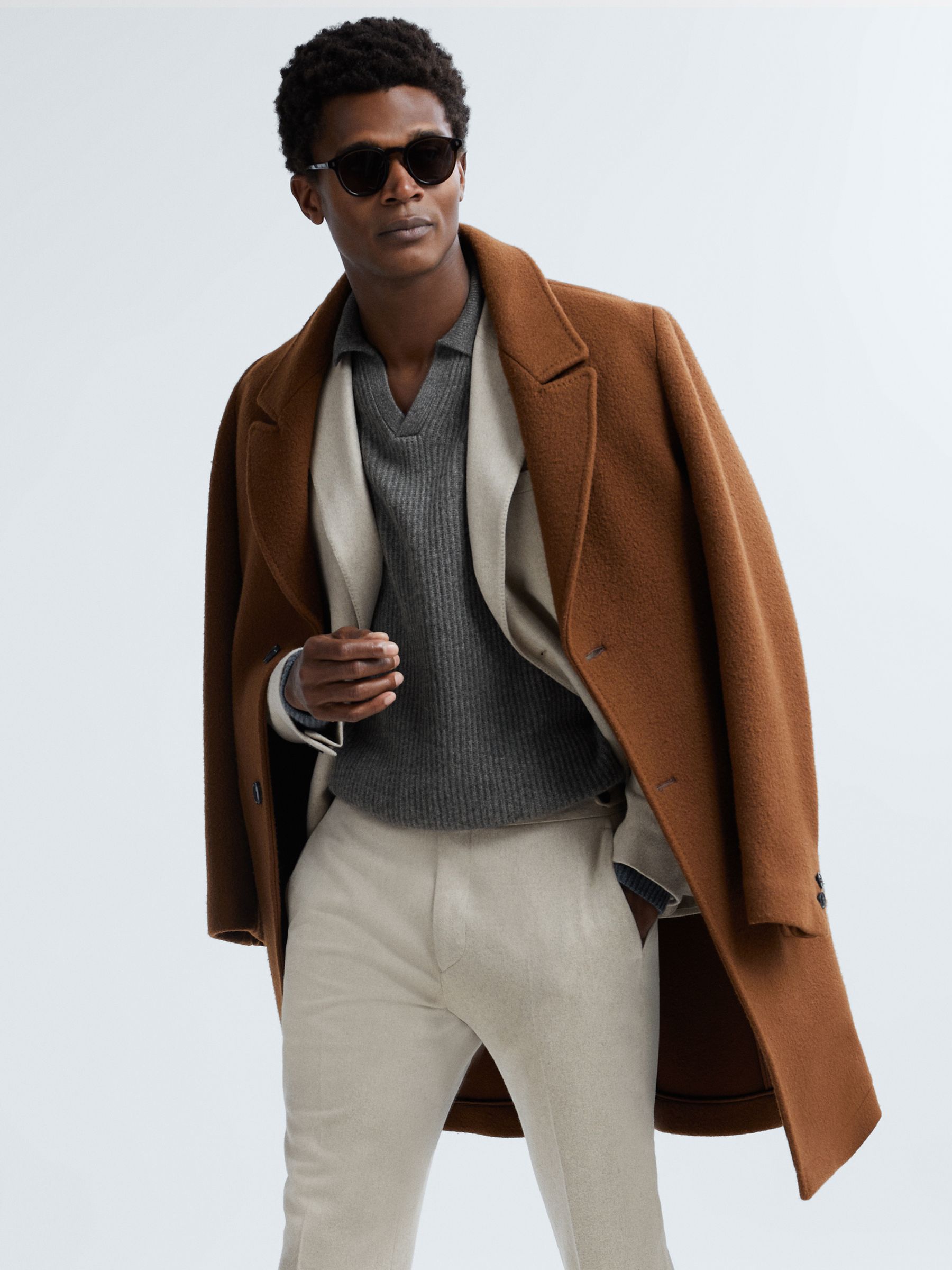 Atelier Cashmere Ribbed Open-Collar Top in Charcoal Melange - Image 3 of 7