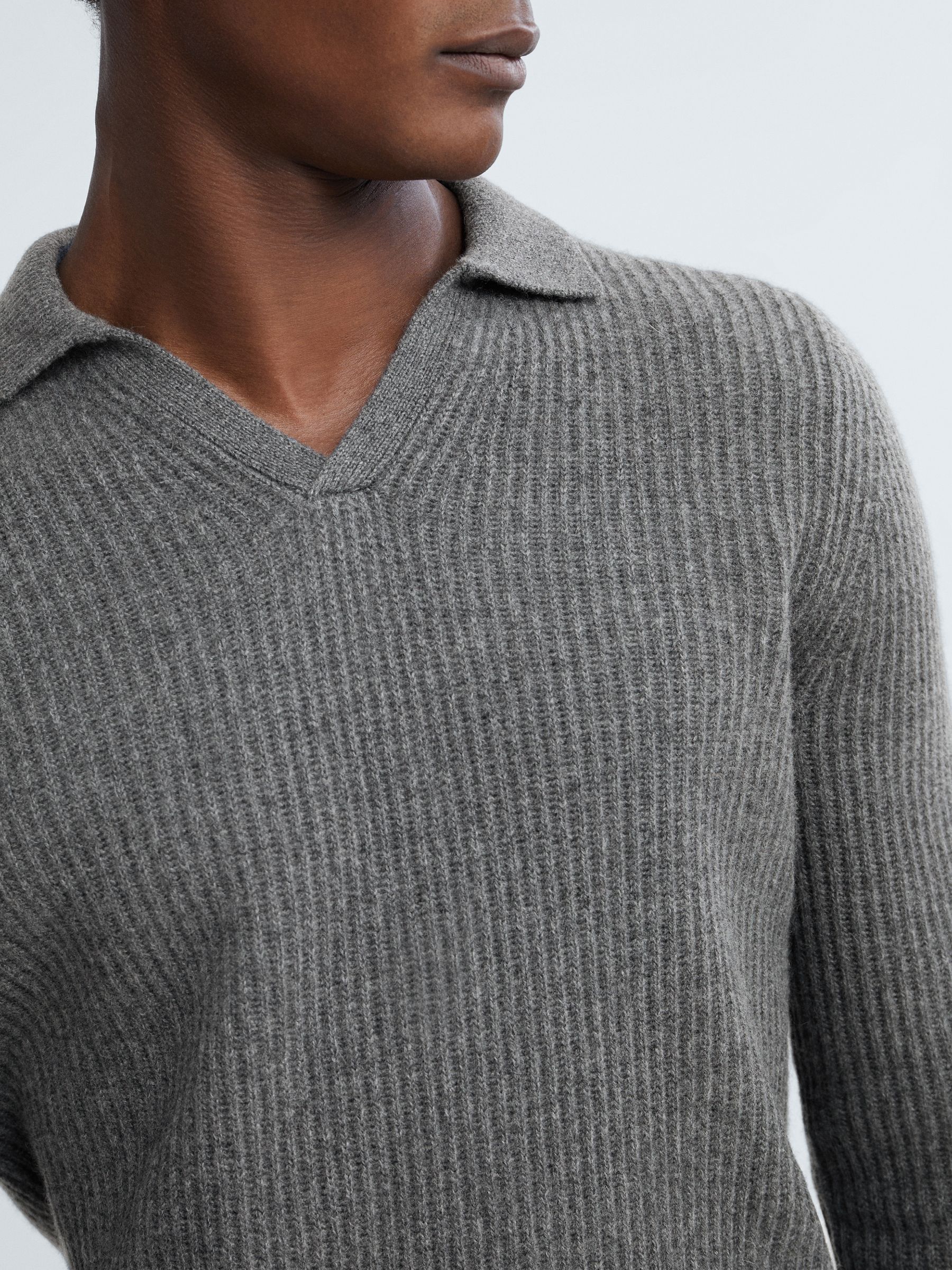 Atelier Cashmere Ribbed Open-Collar Top in Charcoal Melange - Image 4 of 7