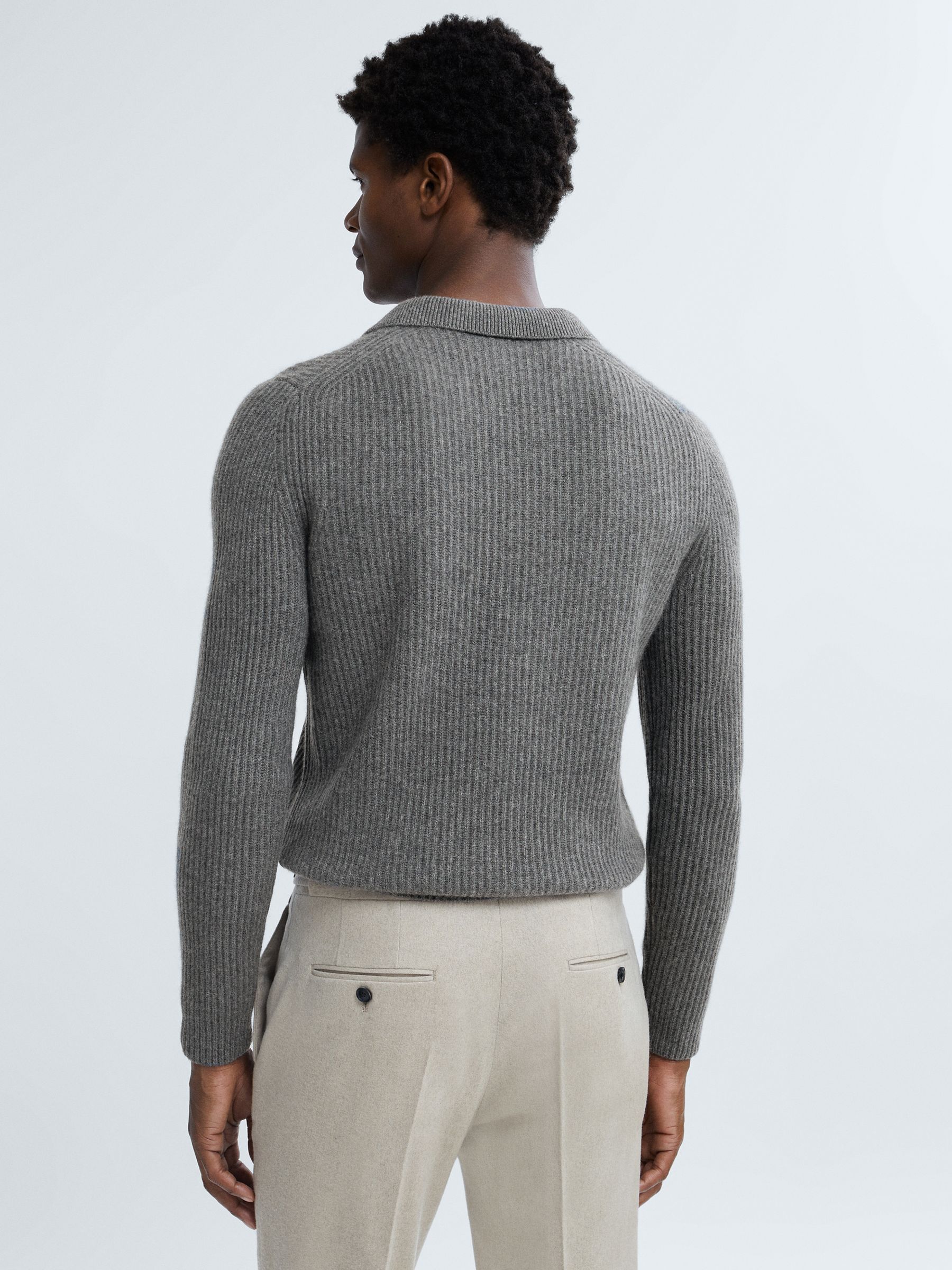 Atelier Cashmere Ribbed Open-Collar Top in Charcoal Melange - Image 5 of 7