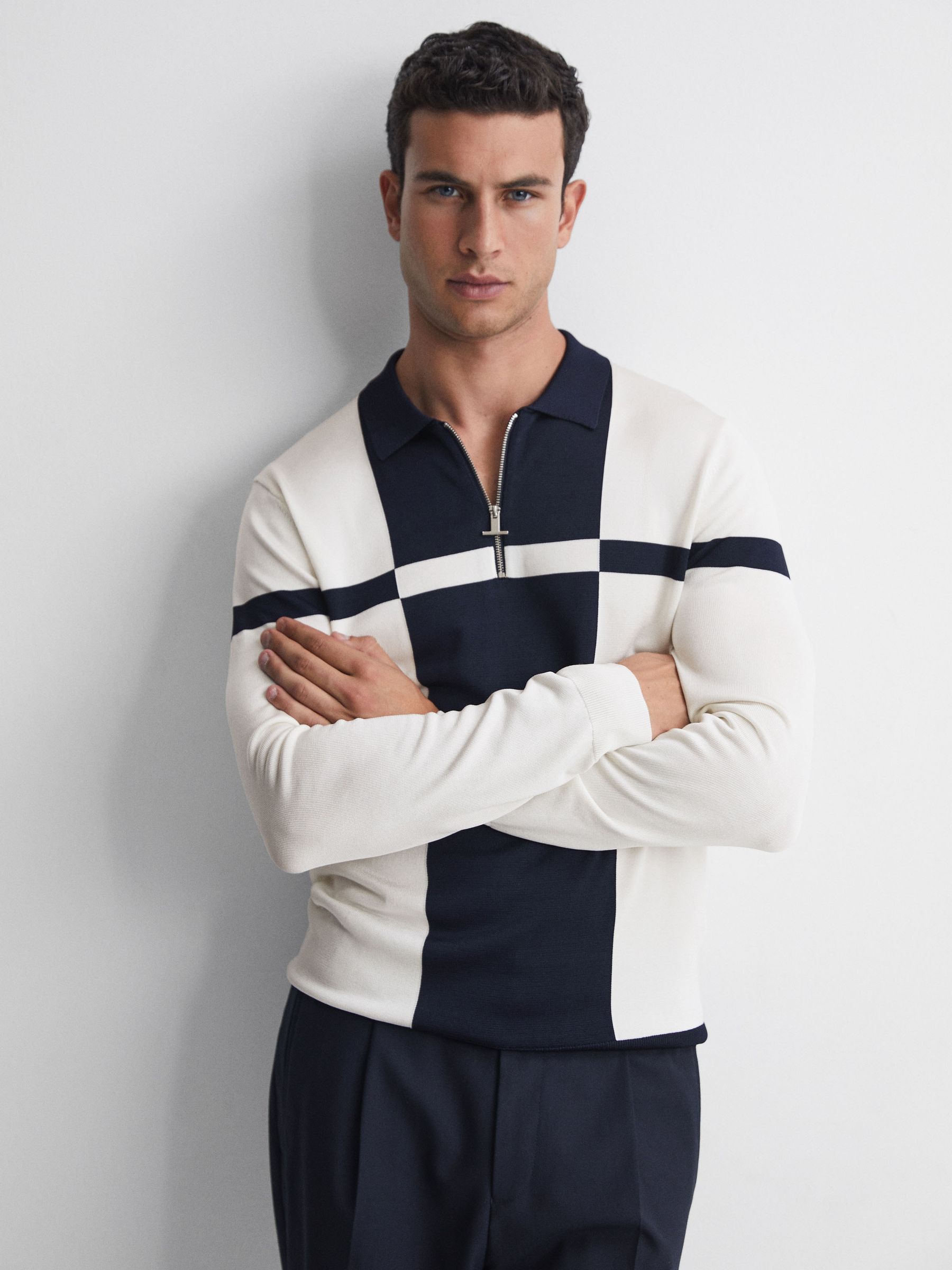 Slim Fit Colourblock Half-Zip Neck Jumper in Ecru/Navy - Image 1 of 4