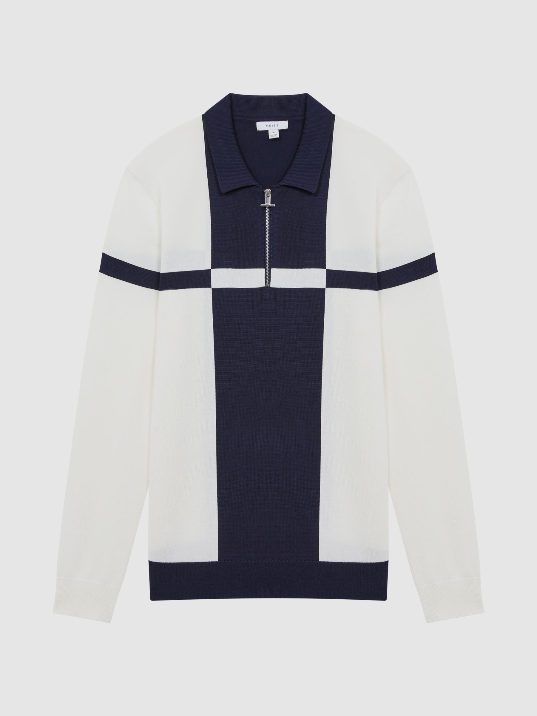 Slim Fit Colourblock Half-Zip Neck Jumper in Ecru/Navy - Image 2 of 4