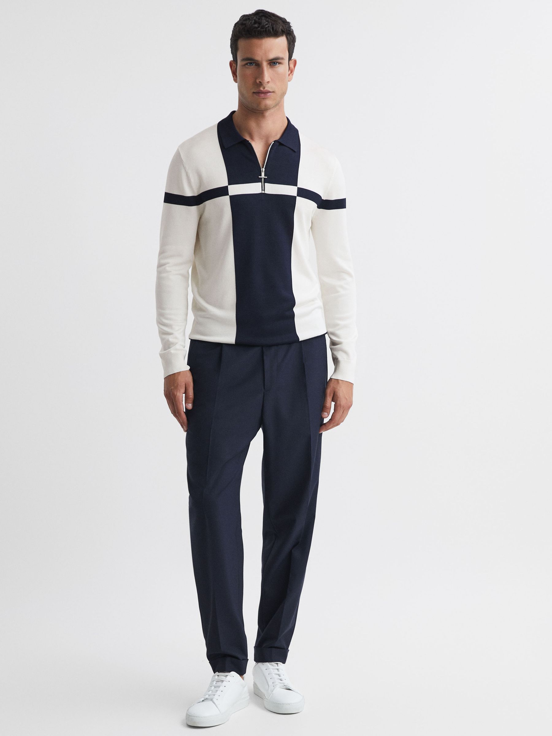 Slim Fit Colourblock Half-Zip Neck Jumper in Ecru/Navy - Image 3 of 4