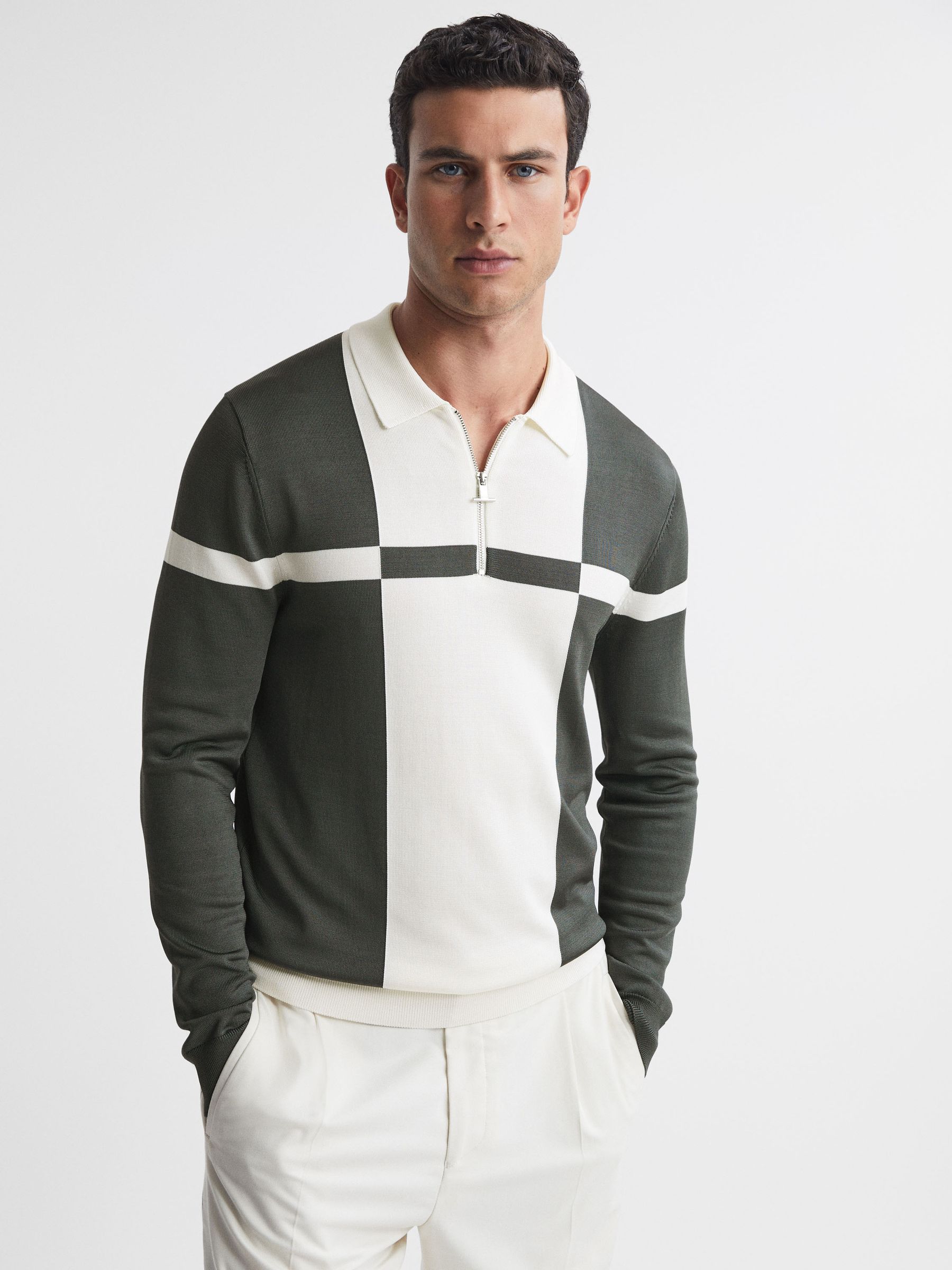 Slim Fit Colourblock Half-Zip Neck Jumper in Gunmetal/Ecru - Image 1 of 4