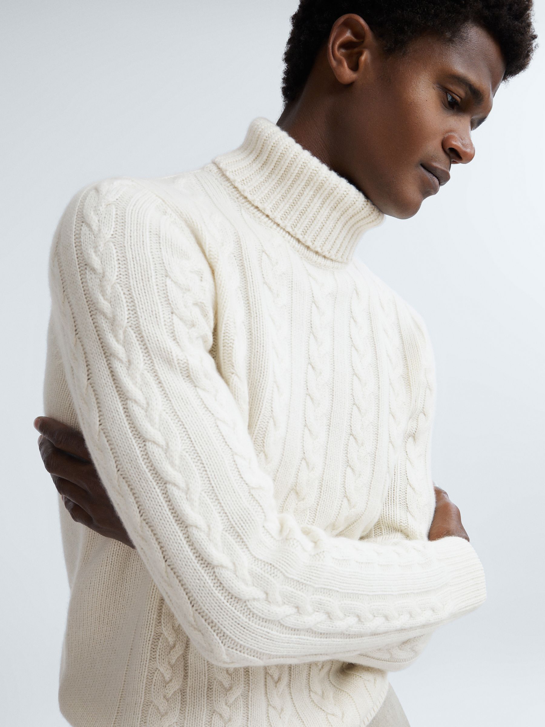 Atelier Cashmere Cable Knit Funnel Neck Jumper in Cloud White - Image 1 of 6 Atelier Cashmere Cable Knit Funnel Neck Jumper in Cloud White - Image 1 of 6