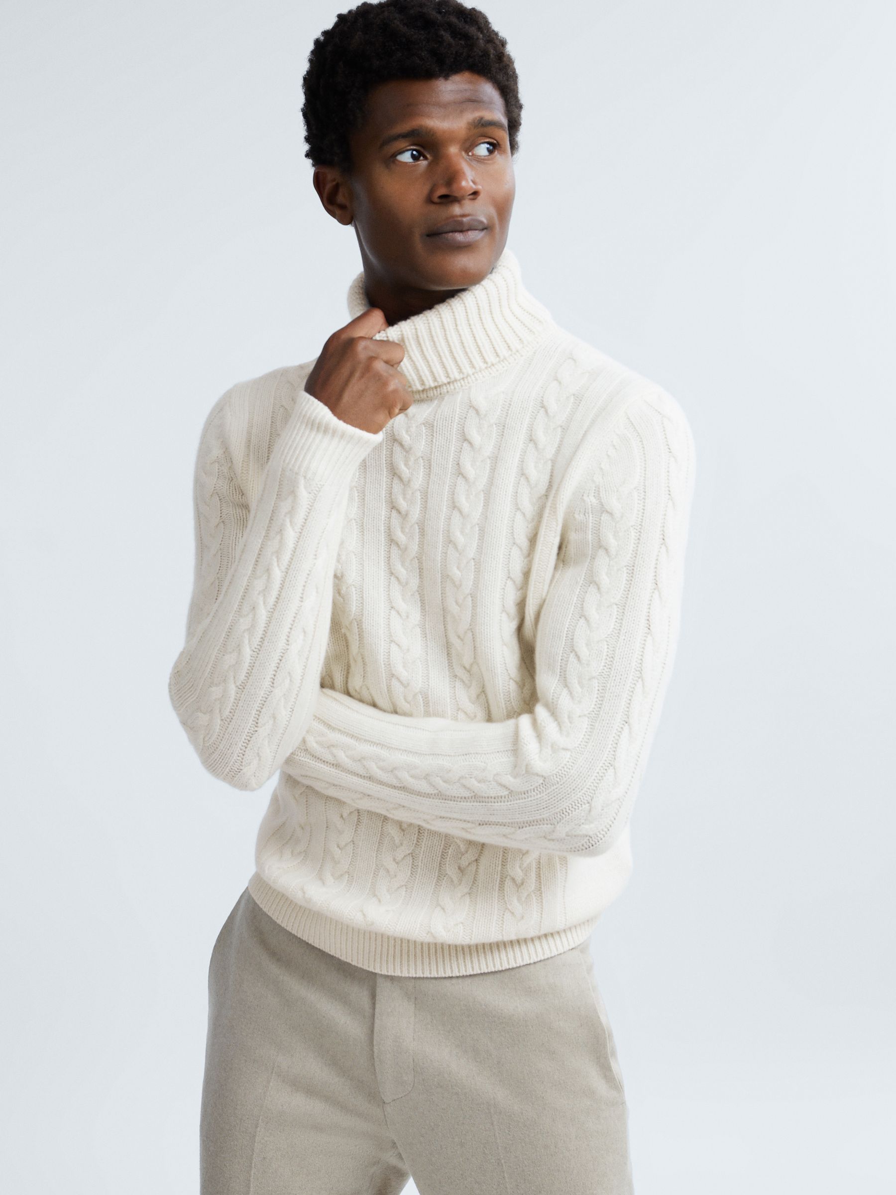 Atelier Cashmere Cable Knit Funnel Neck Jumper in Cloud White - Image 4 of 6