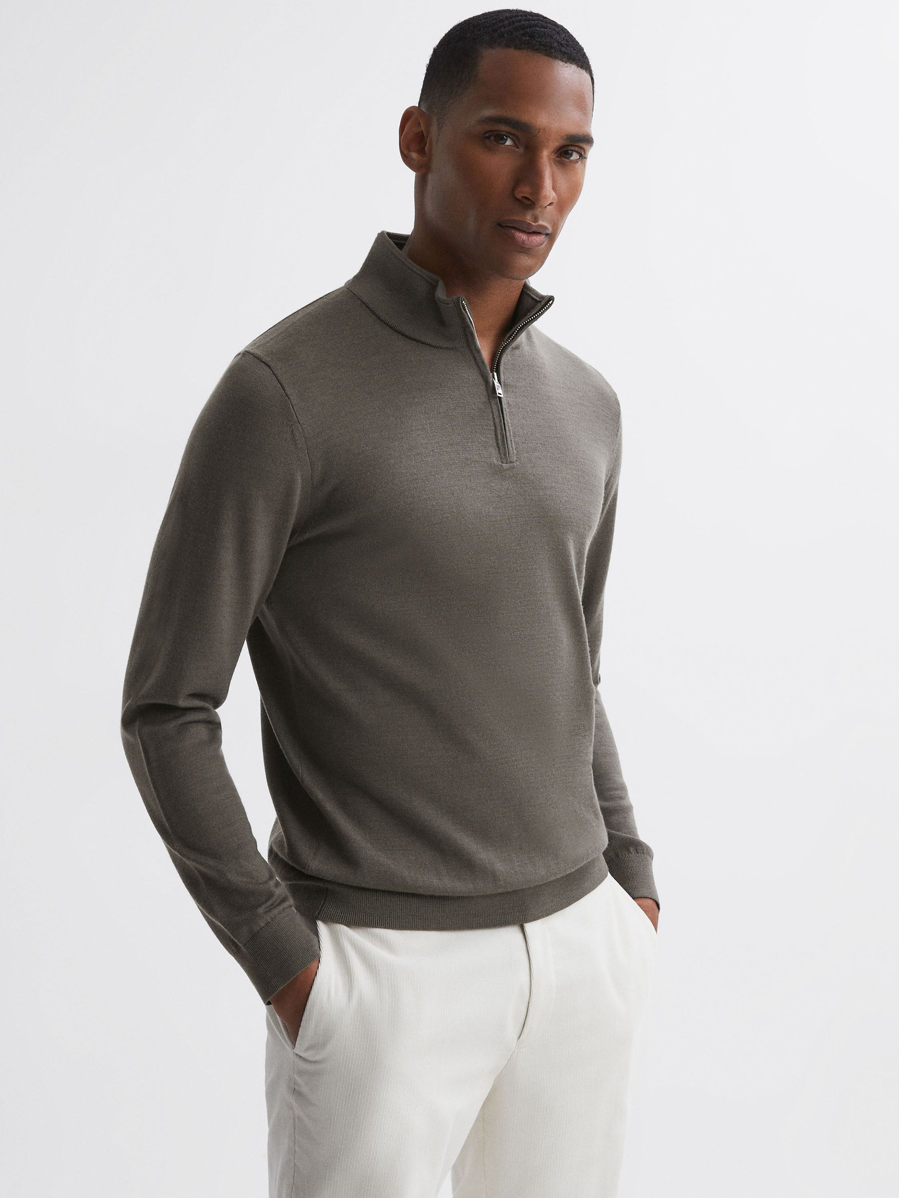 Merino Wool Half-Zip Funnel Neck Jumper in Mushroom Brown - Image 1 of 6