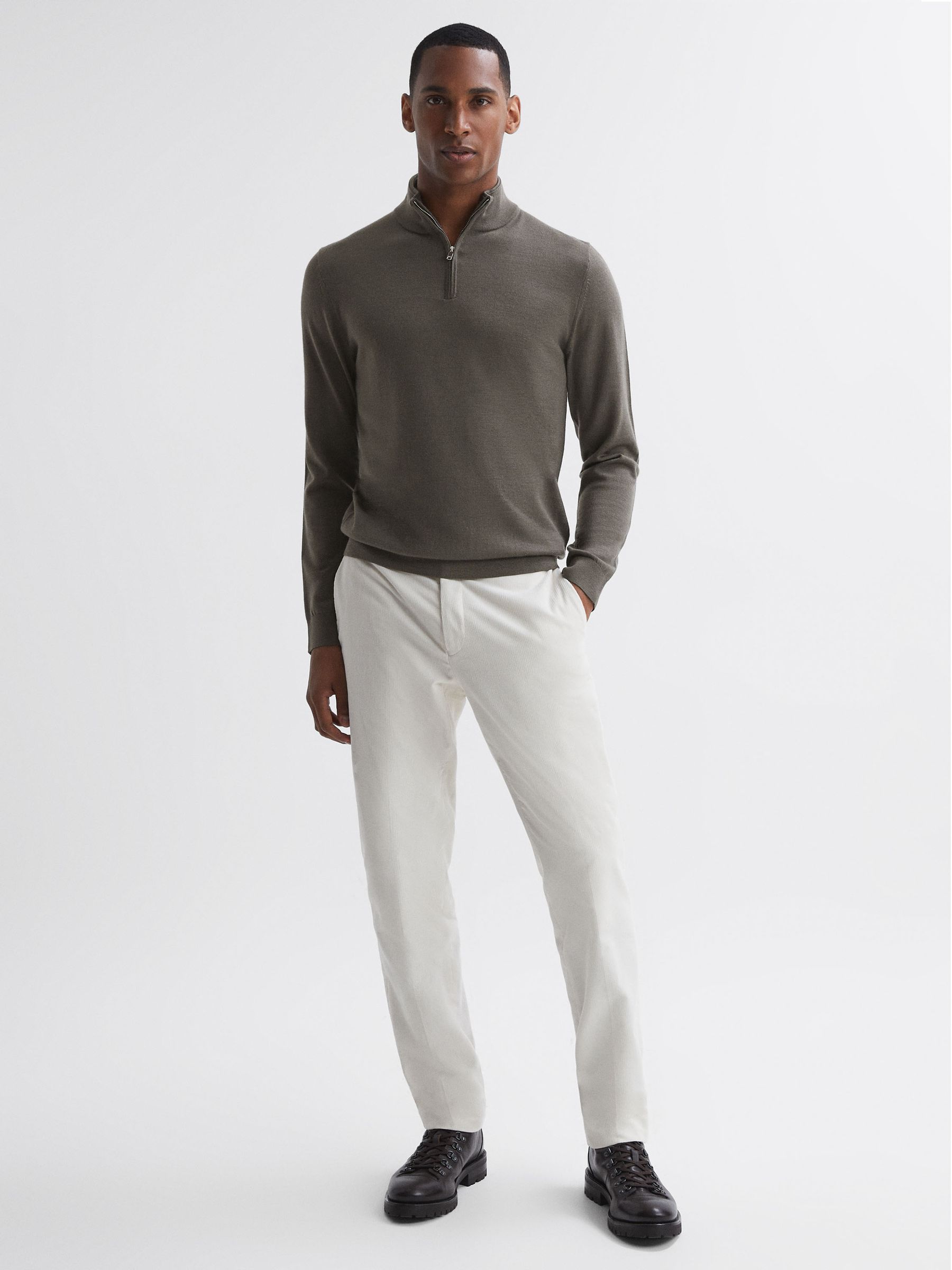 Merino Wool Half-Zip Funnel Neck Jumper in Mushroom Brown - Image 4 of 6