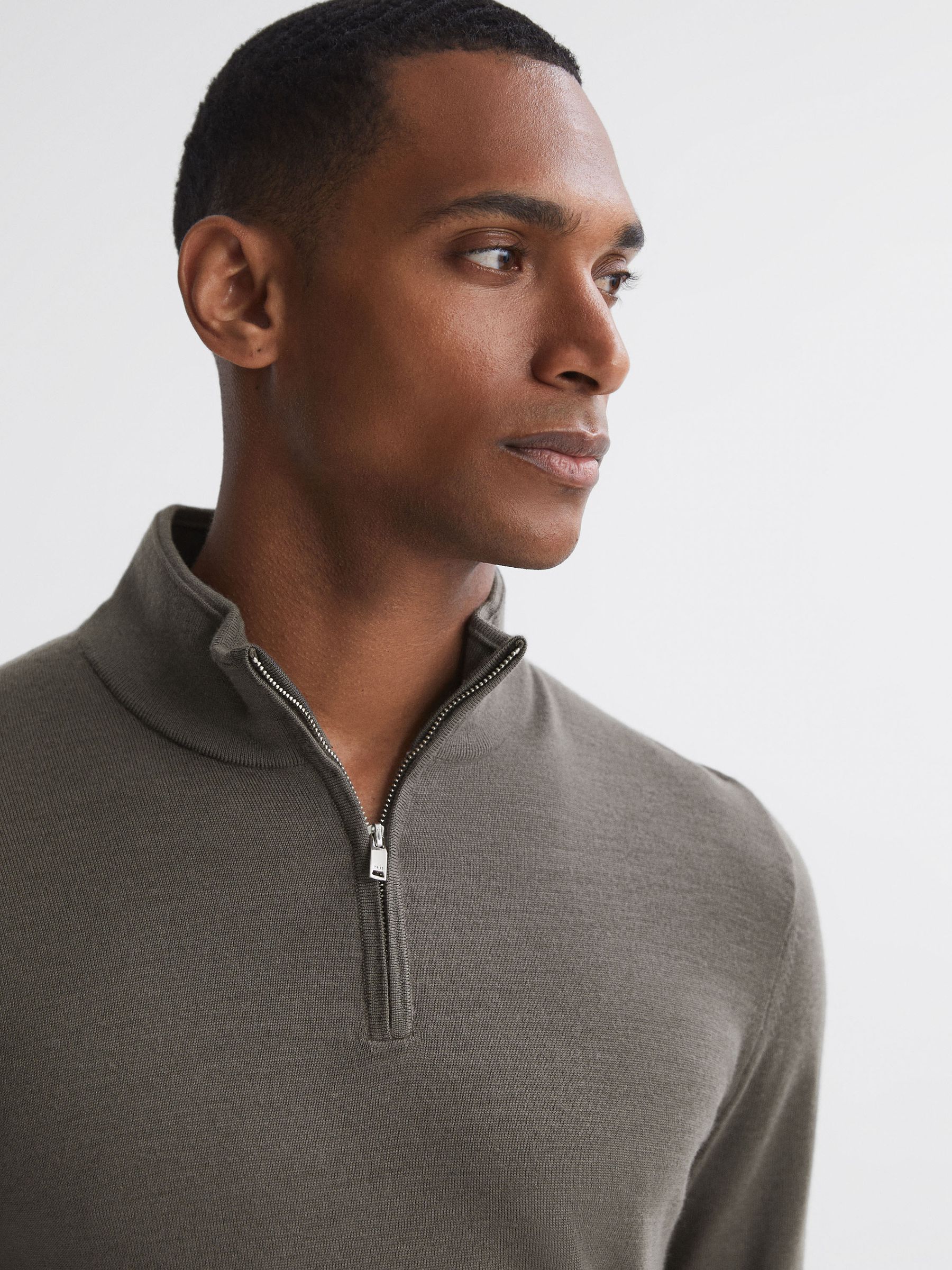 Merino Wool Half-Zip Funnel Neck Jumper in Mushroom Brown - Image 6 of 6