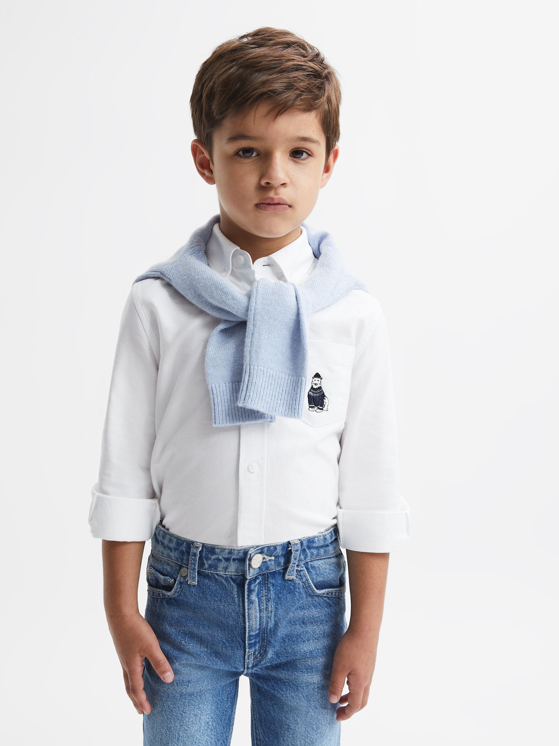 Senior Slim Fit Button Down Collar Motif Shirt in White - Image 4 of 6