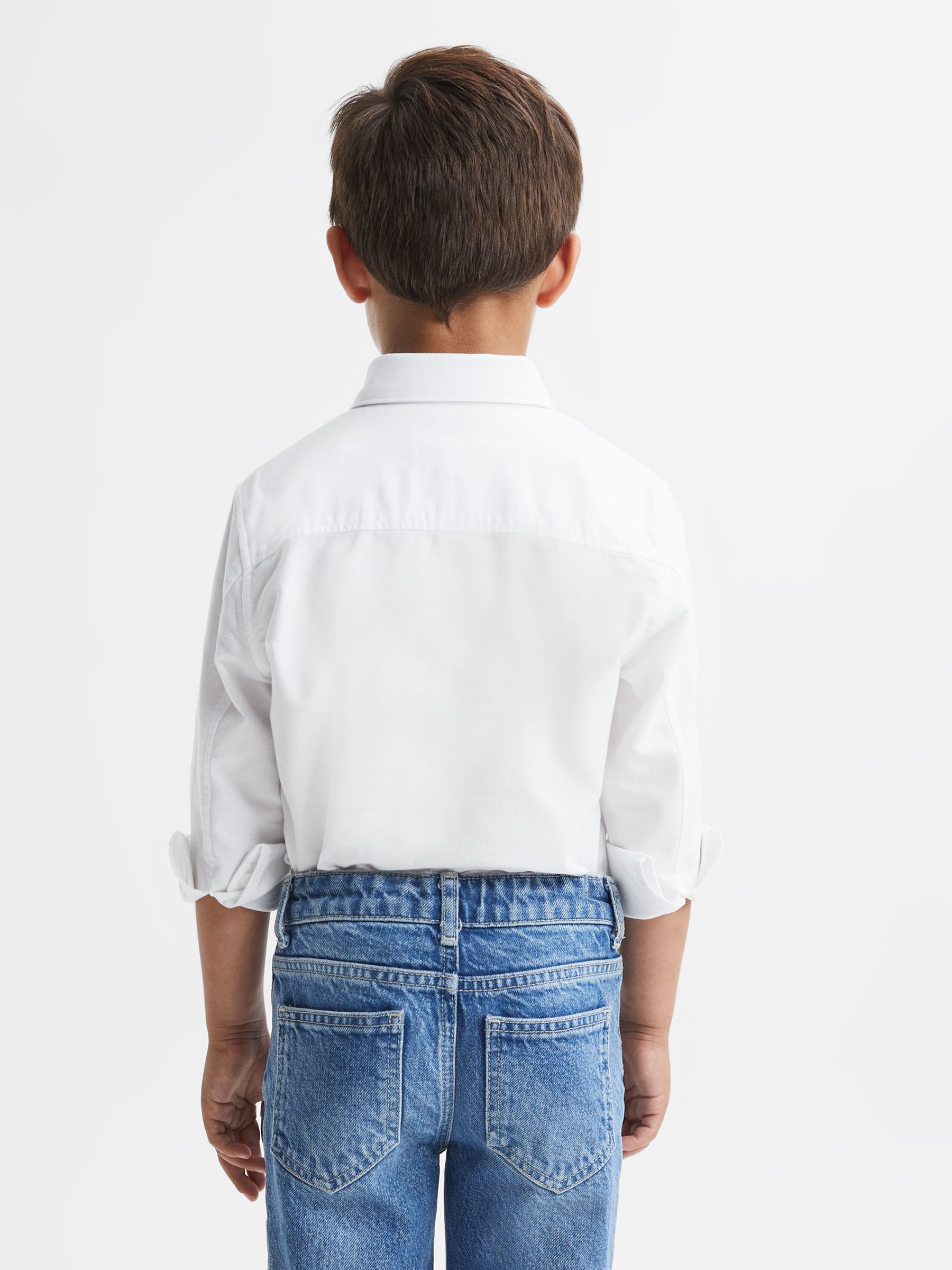 Senior Slim Fit Button Down Collar Motif Shirt in White - Image 5 of 6