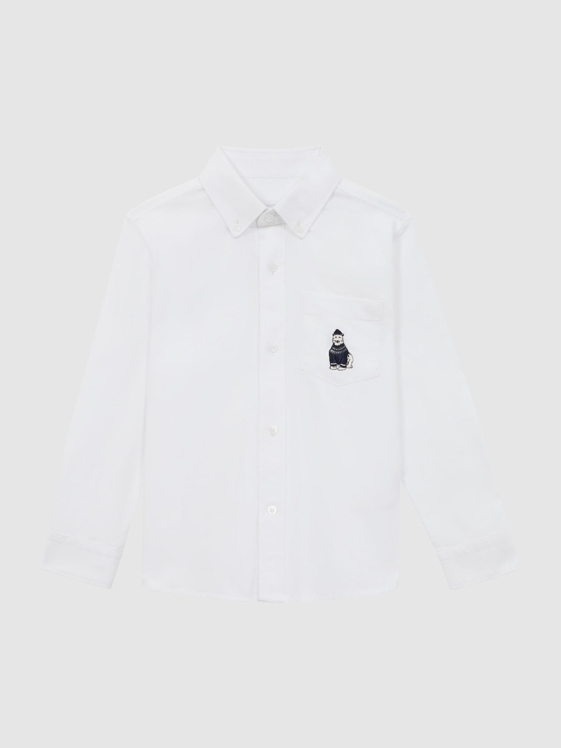 Junior Slim Fit Button Down Collar Motif Shirt in White - Image 2 of 6