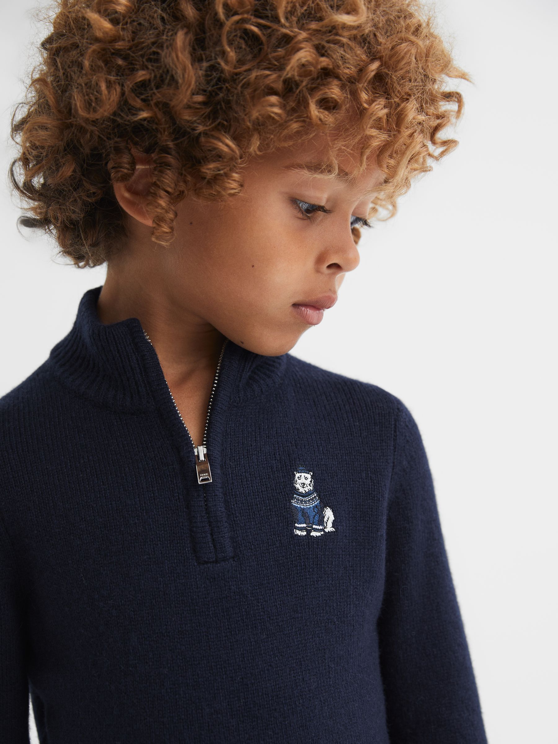 9-14 yrs Wol Motief Half-Zip Opstaande kraag Trui in Navy - Afbeelding 1 van 6
