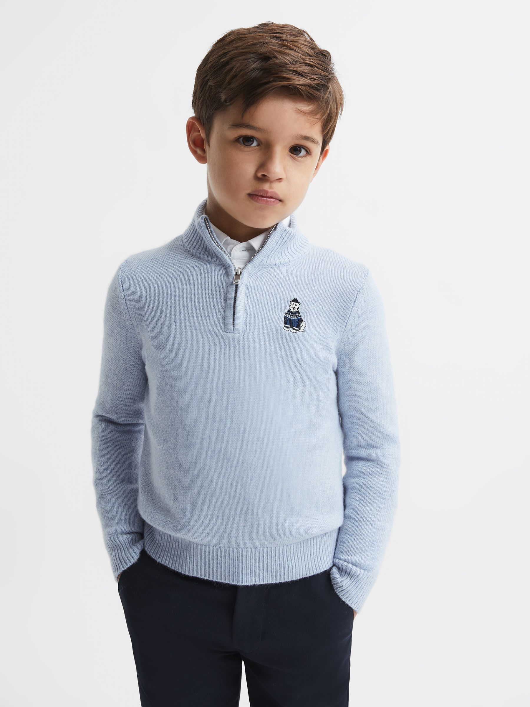 3-9 yrs Wool Motif Half-Zip Funnel Neck Jumper in Soft Blue - Image 1 of 5