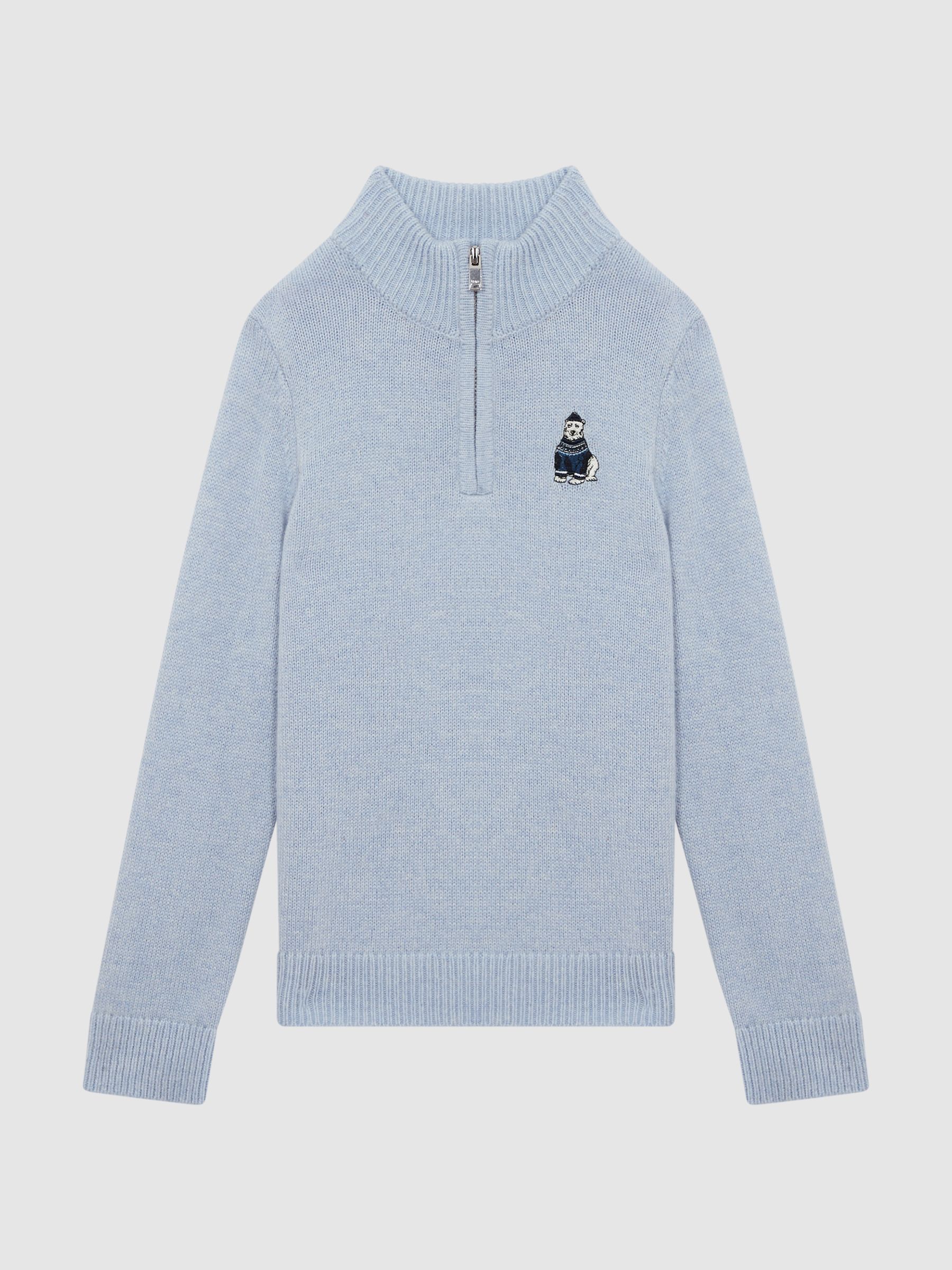 3-9 yrs Wool Motif Half-Zip Funnel Neck Jumper in Soft Blue - Image 2 of 5