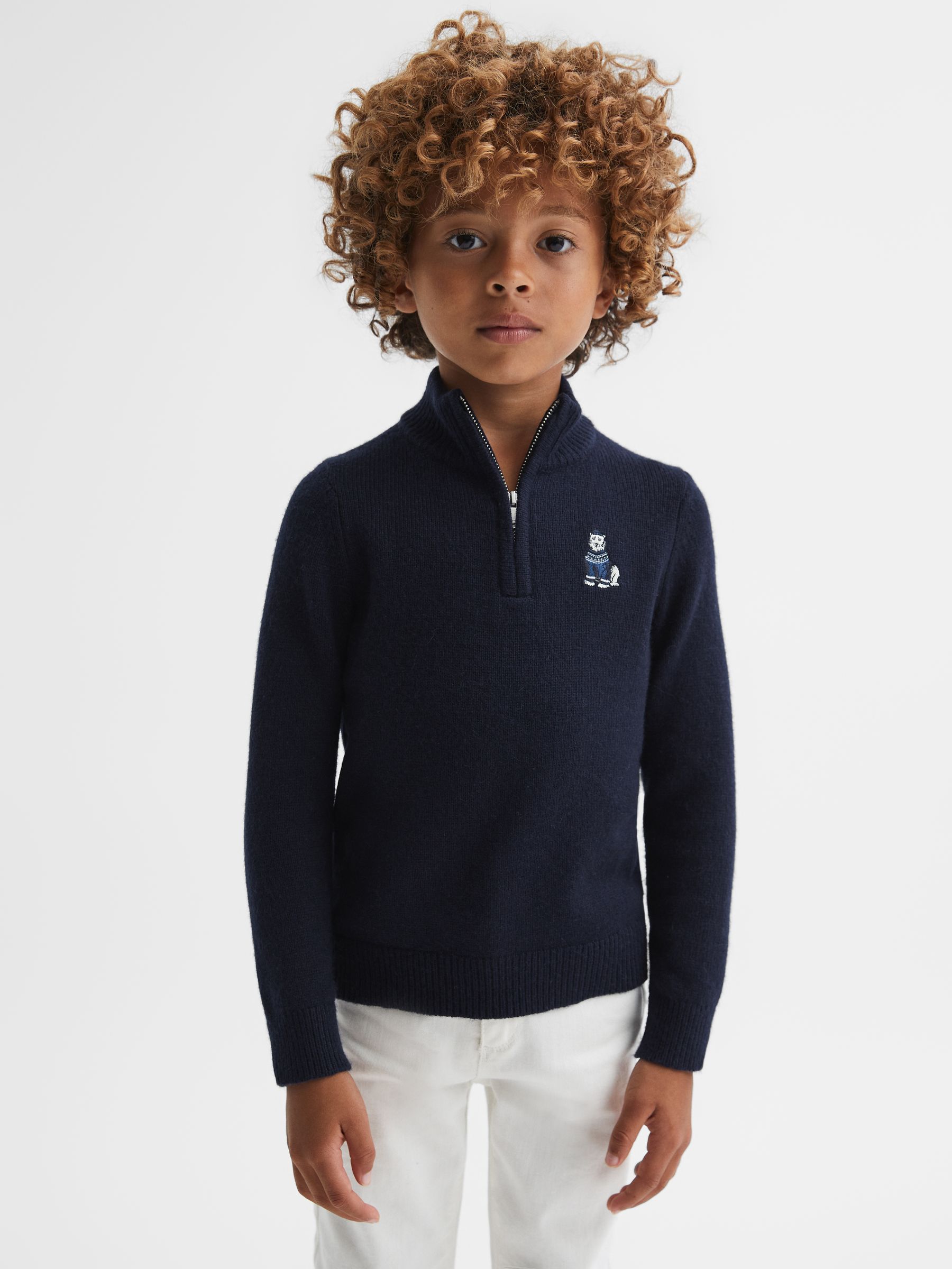 3-9 yrs Wool Motif Half-Zip Funnel Neck Jumper in Navy - Image 1 of 6 3-9 yrs Wool Motif Half-Zip Funnel Neck Jumper in Navy - Image 1 of 6