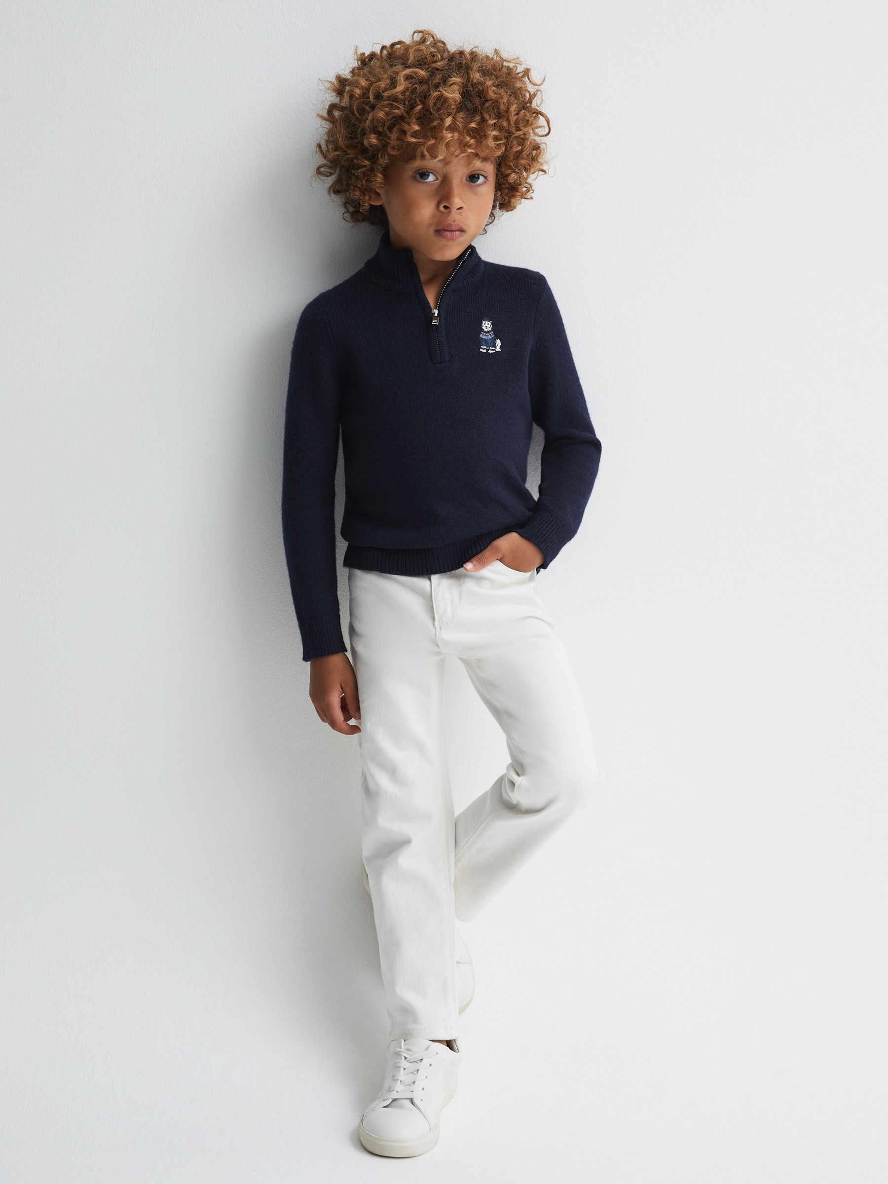 3-9 yrs Wool Motif Half-Zip Funnel Neck Jumper in Navy - Image 4 of 6