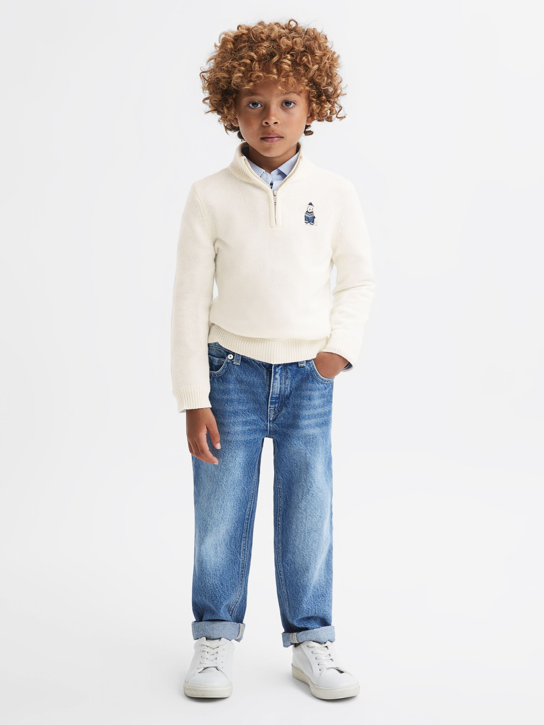 3-9 yrs Wool Motif Half-Zip Funnel Neck Jumper in Ecru - Image 1 of 6
