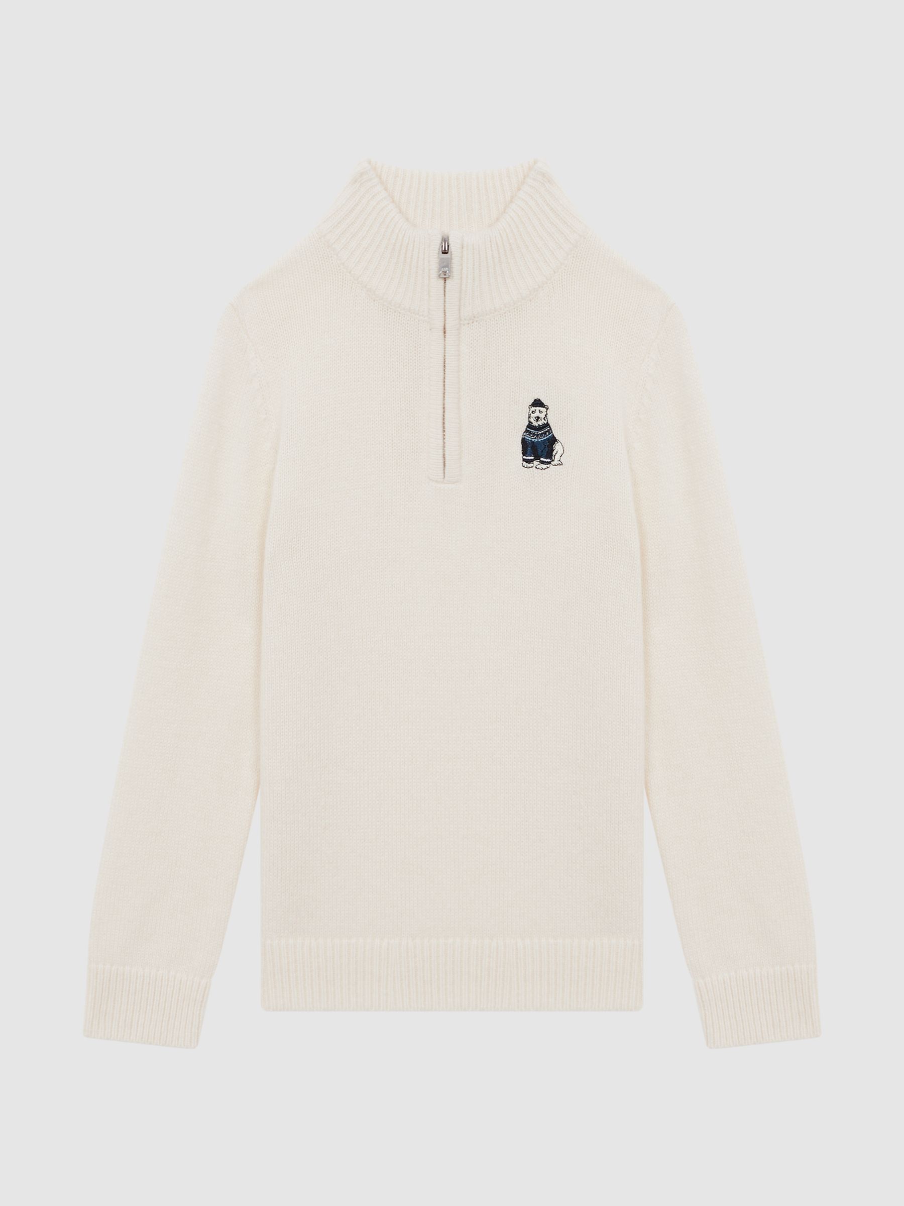 3-9 yrs Wool Motif Half-Zip Funnel Neck Jumper in Ecru - Image 2 of 6