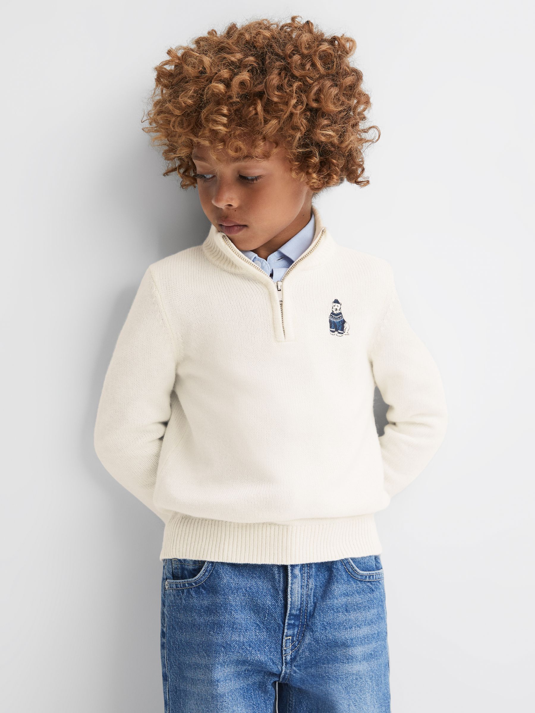 3-9 yrs Wool Motif Half-Zip Funnel Neck Jumper in Ecru - Image 3 of 6