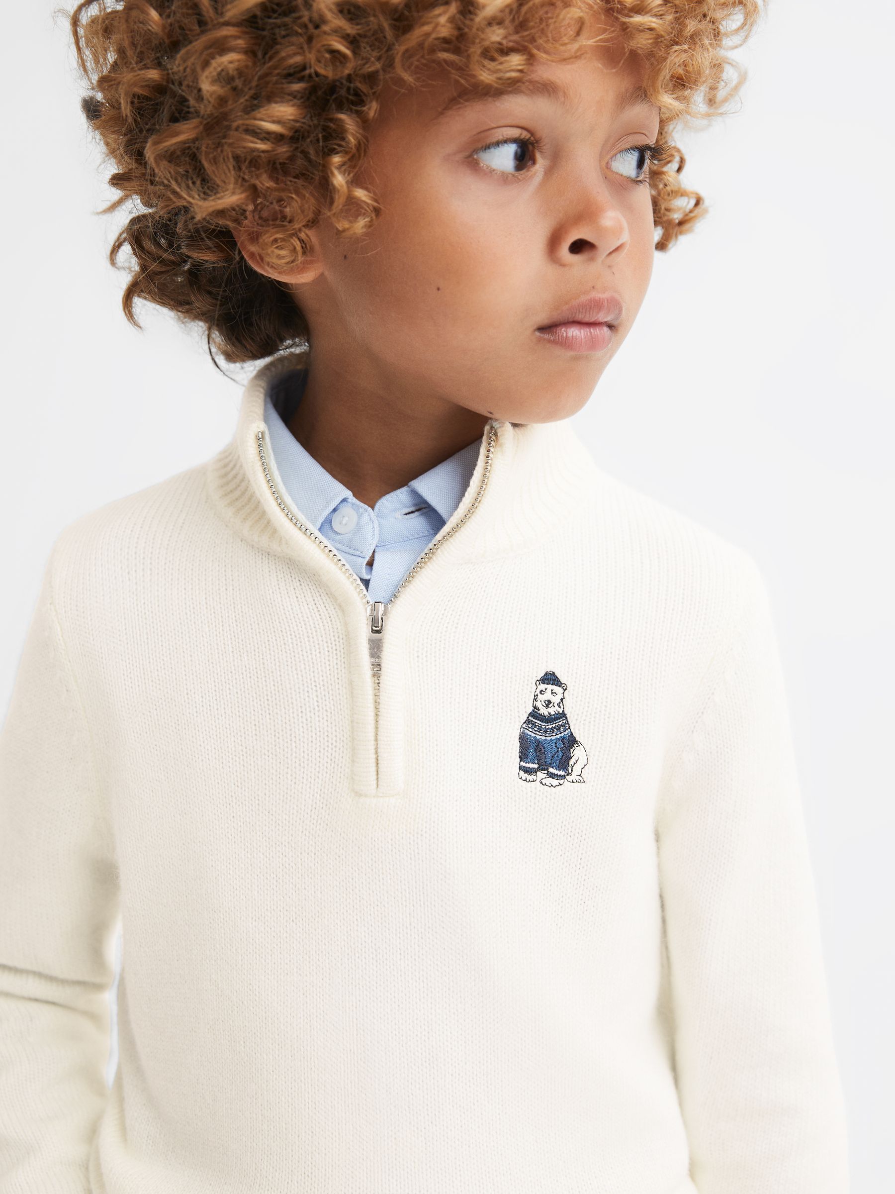 3-9 yrs Wool Motif Half-Zip Funnel Neck Jumper in Ecru - Image 4 of 6