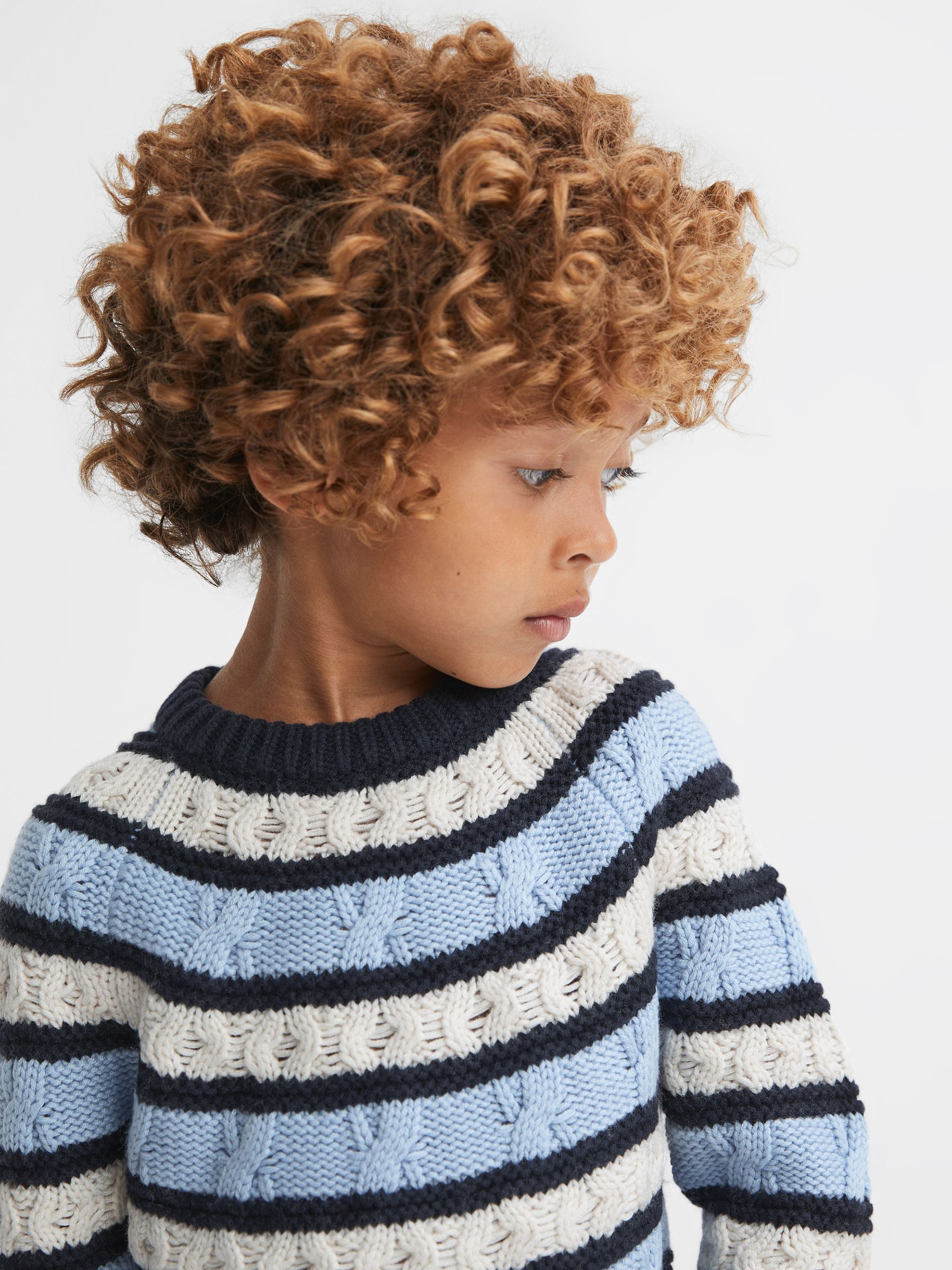 9-14 yrs Cable Knitted Striped Jumper in Ecru/Blue - Image 1 of 5 9-14 yrs Cable Knitted Striped Jumper in Ecru/Blue - Image 1 of 5