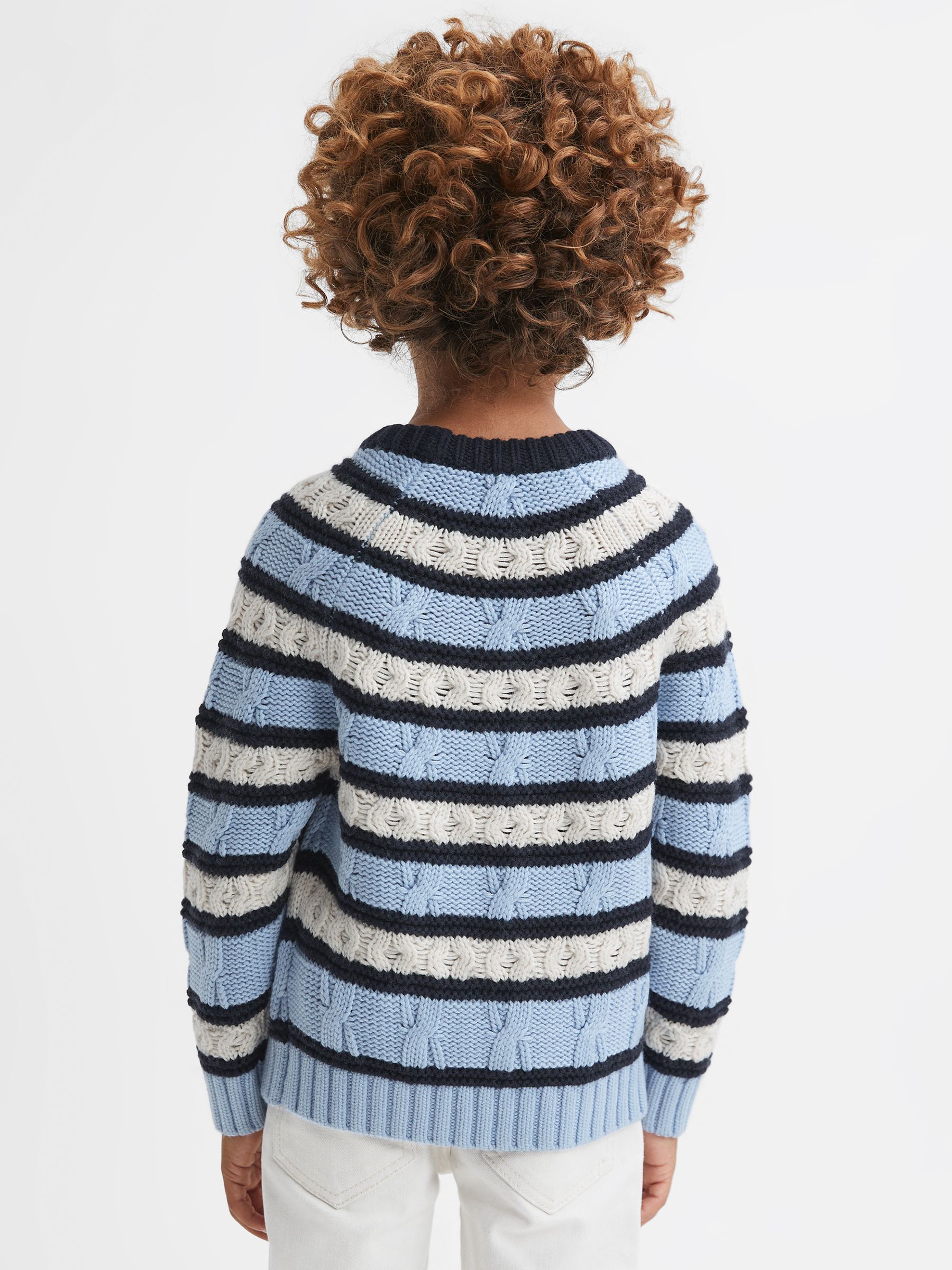 9-14 yrs Cable Knitted Striped Jumper in Ecru/Blue - Image 4 of 5