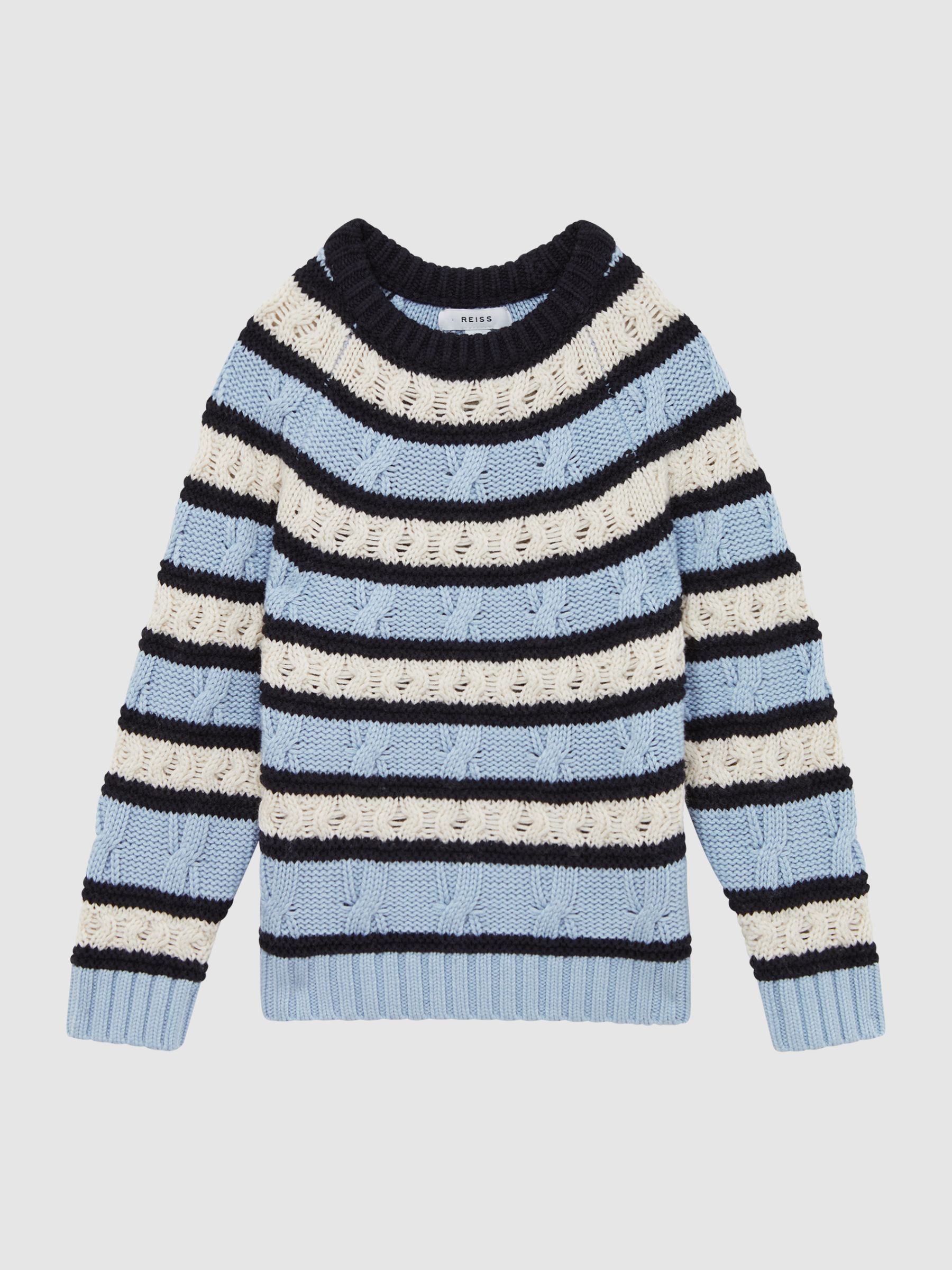 3-9 yrs Cable Knitted Striped Jumper in Ecru/Blue - Image 2 of 5