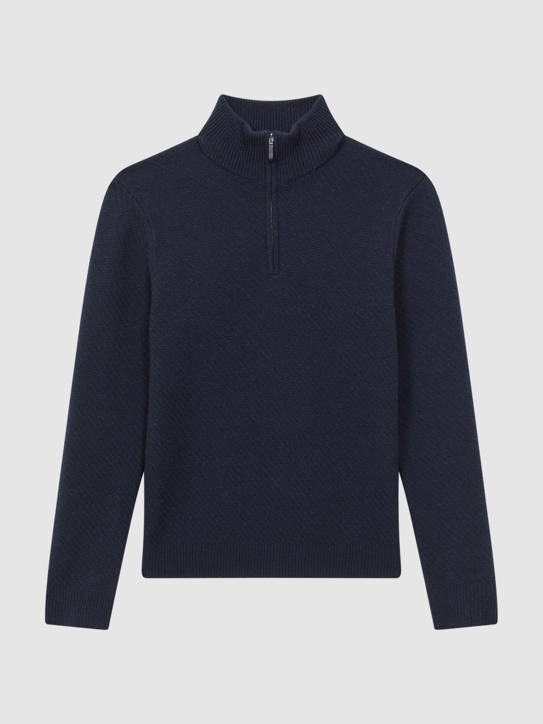 Slim Fit Knitted Half-Zip Funnel Neck Jumper in Navy - Image 2 of 5