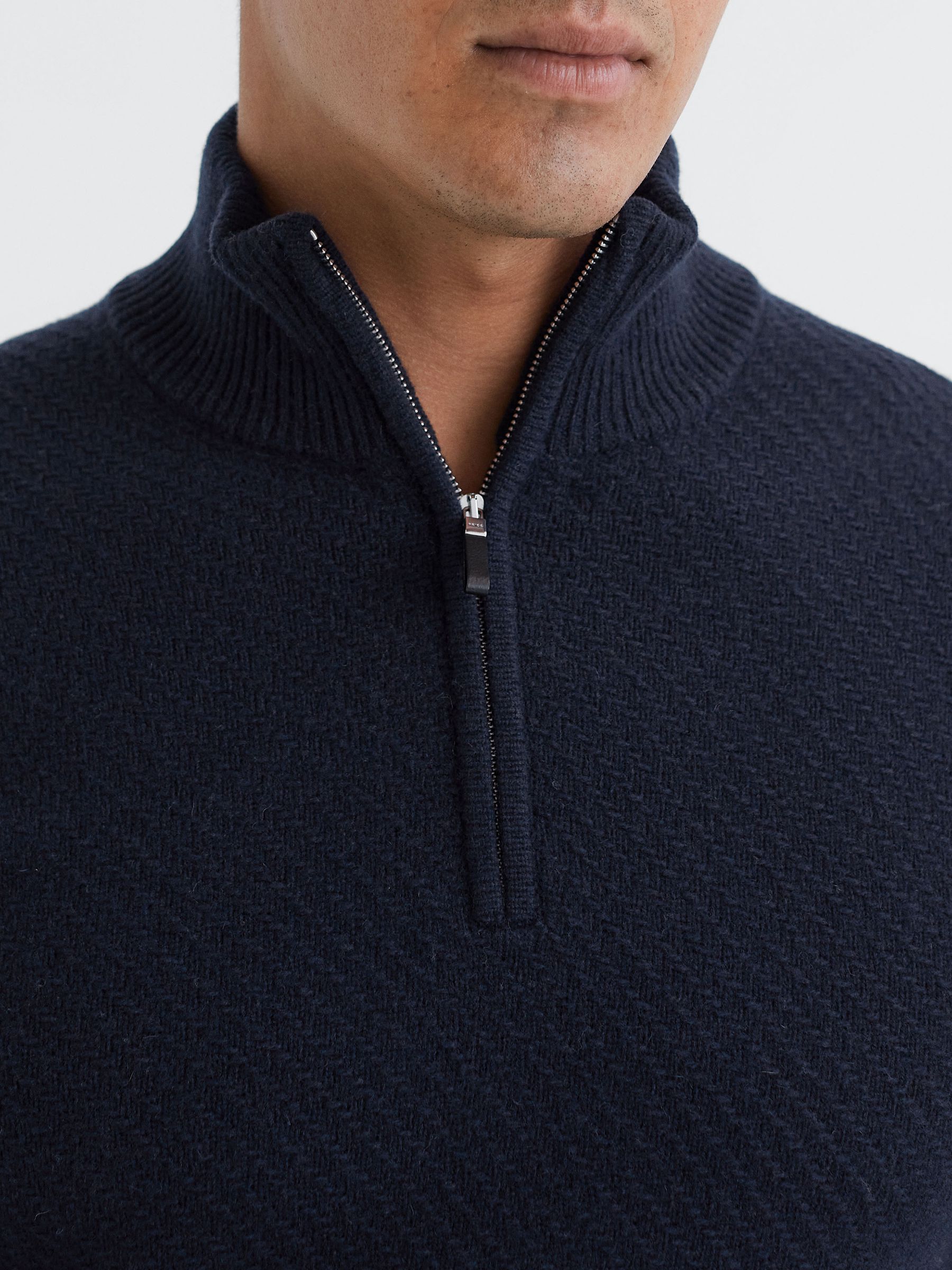 Slim Fit Knitted Half-Zip Funnel Neck Jumper in Navy - Image 4 of 5