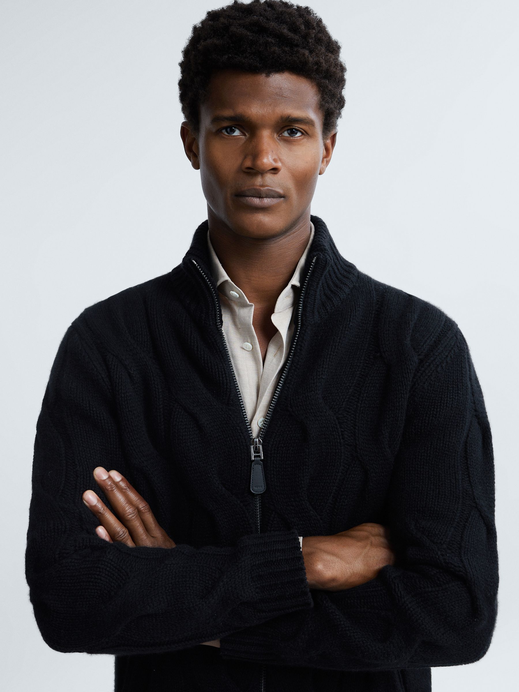 Atelier Cashmere Funnel Neck Zip-Through Cardigan in Black - Image 1 of 6 Atelier Cashmere Funnel Neck Zip-Through Cardigan in Black - Image 1 of 6