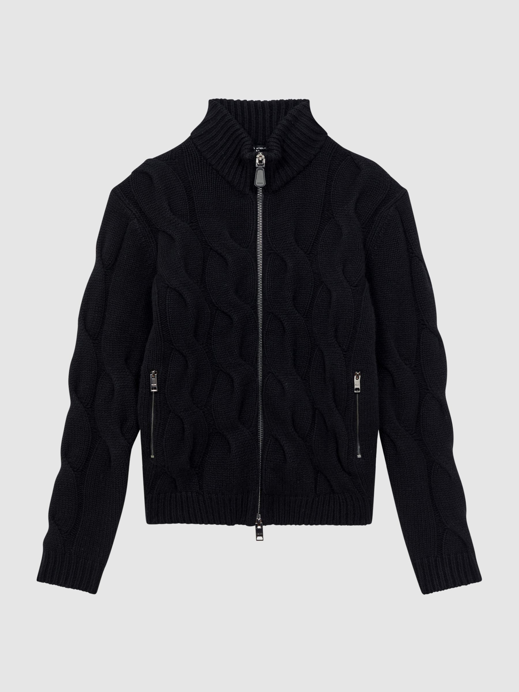 Atelier Cashmere Funnel Neck Zip-Through Cardigan in Black - Image 2 of 6