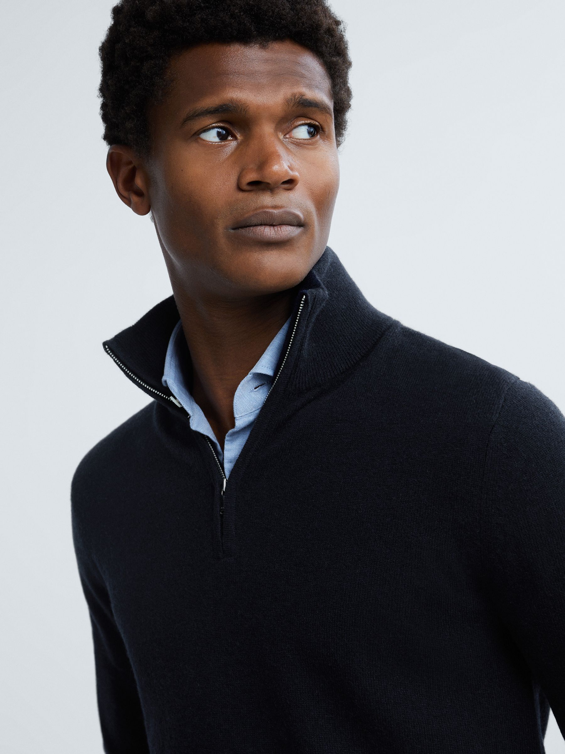 Atelier Cashmere Half-Zip Funnel Neck Jumper in Navy - Image 1 of 1 Atelier Cashmere Half-Zip Funnel Neck Jumper in Navy - Image 1 of 1