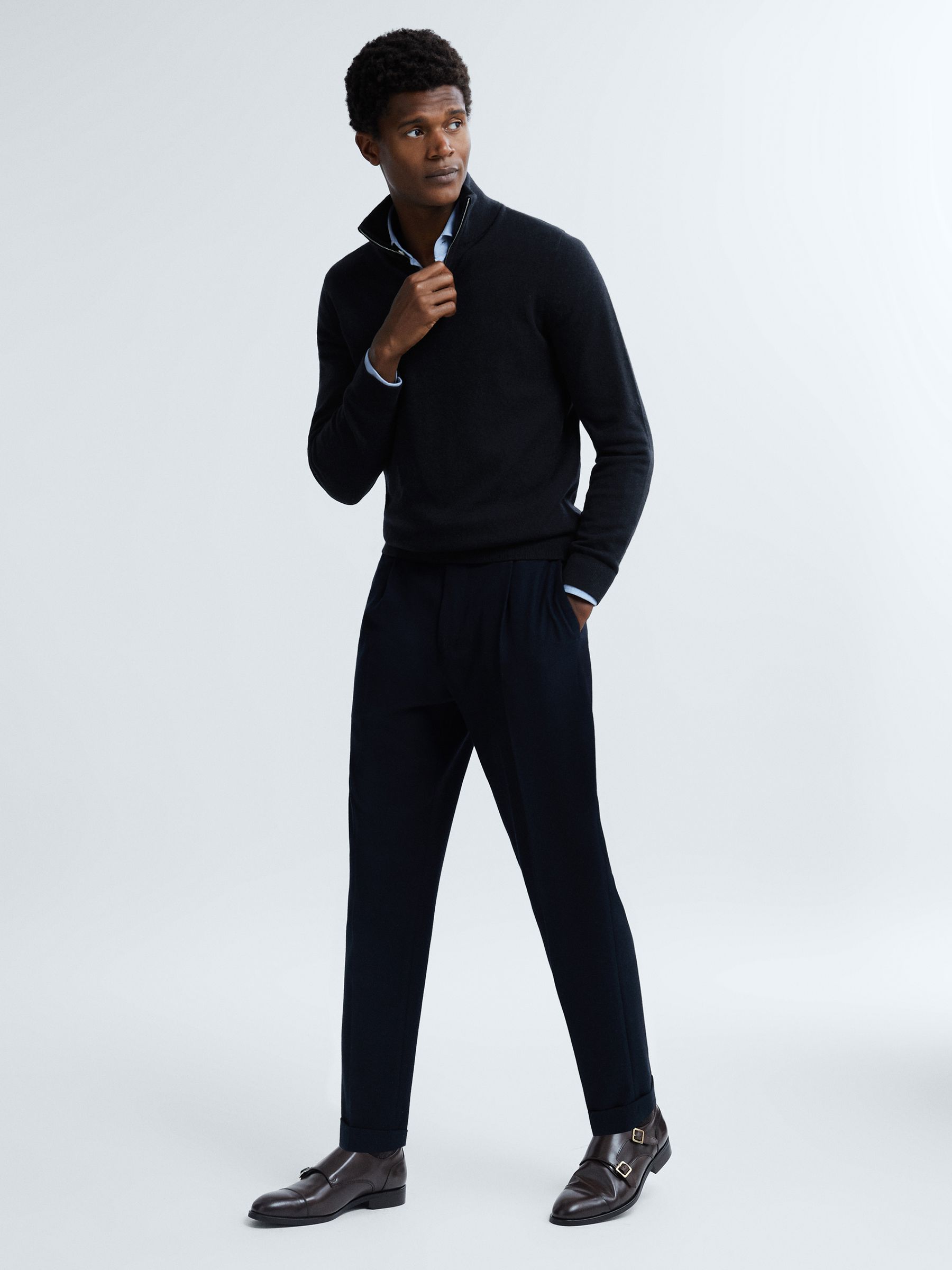 Atelier Cashmere Half-Zip Funnel Neck Jumper in Navy - Image 3 of 6