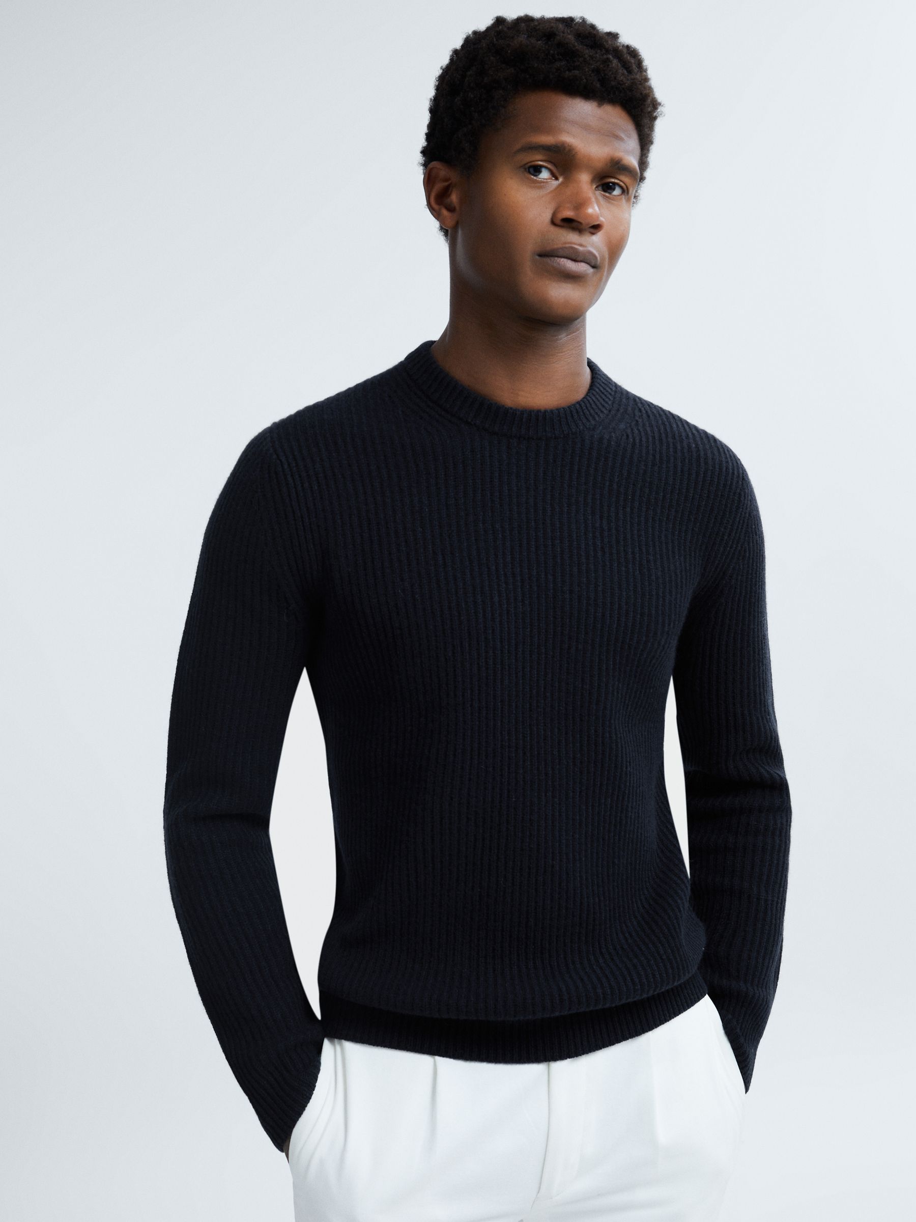 Atelier Cashmere Ribbed Crew Neck Jumper in Navy - Image 1 of 6 Atelier Cashmere Ribbed Crew Neck Jumper in Navy - Image 1 of 6