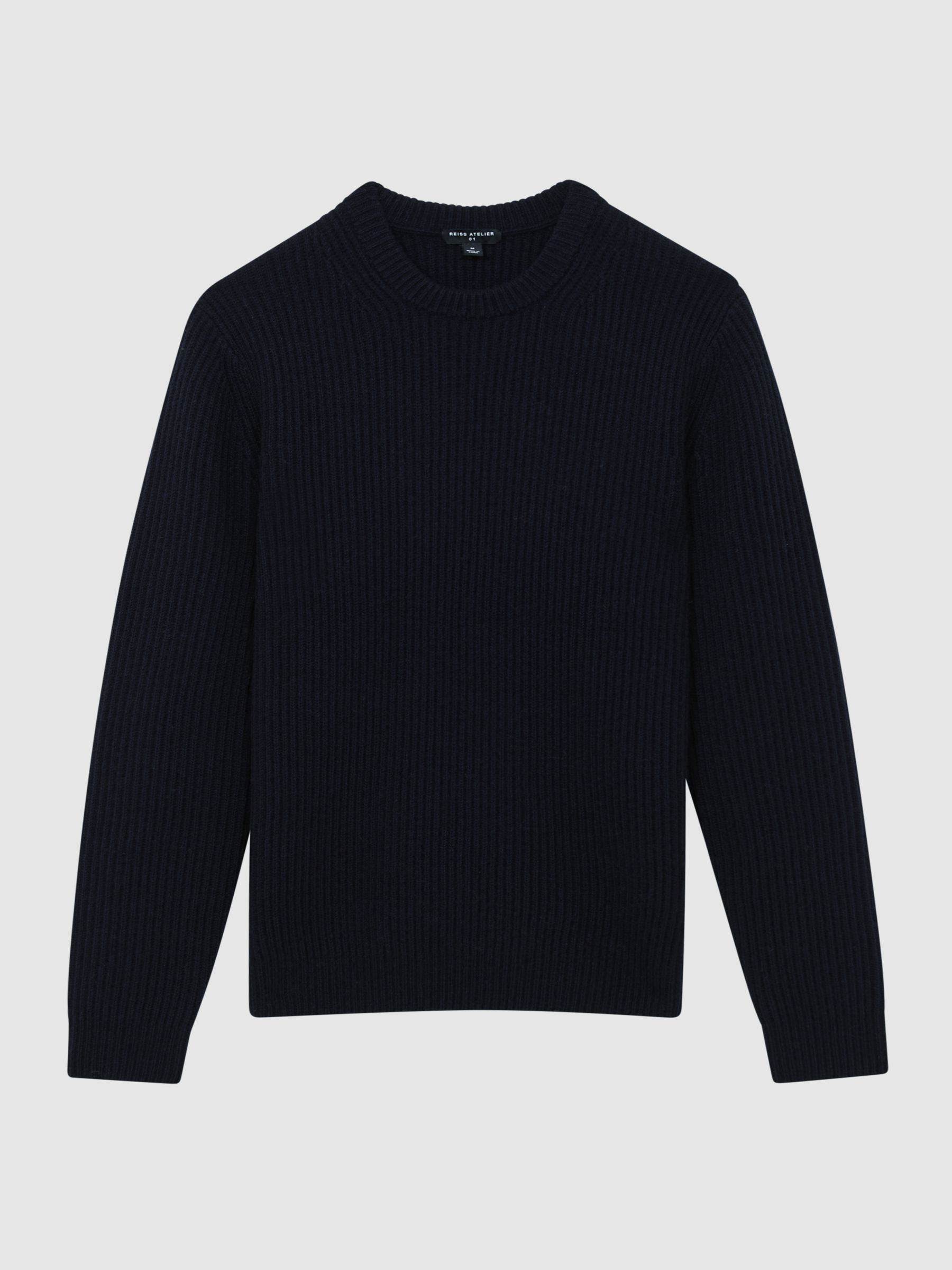 Atelier Cashmere Ribbed Crew Neck Jumper in Navy - Image 2 of 6 Atelier Cashmere Ribbed Crew Neck Jumper in Navy - Image 2 of 6