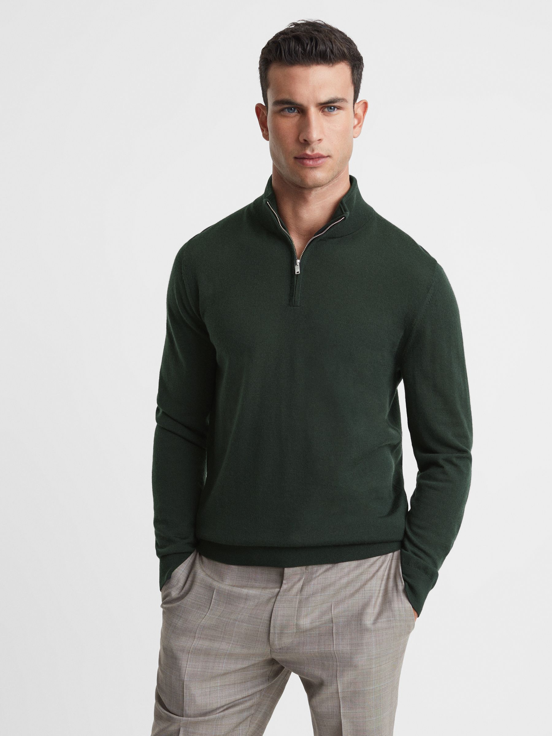 Merino Wool Half-Zip Jumper in Forest - Image 1 of 5 Merino Wool Half-Zip Jumper in Forest - Image 1 of 5