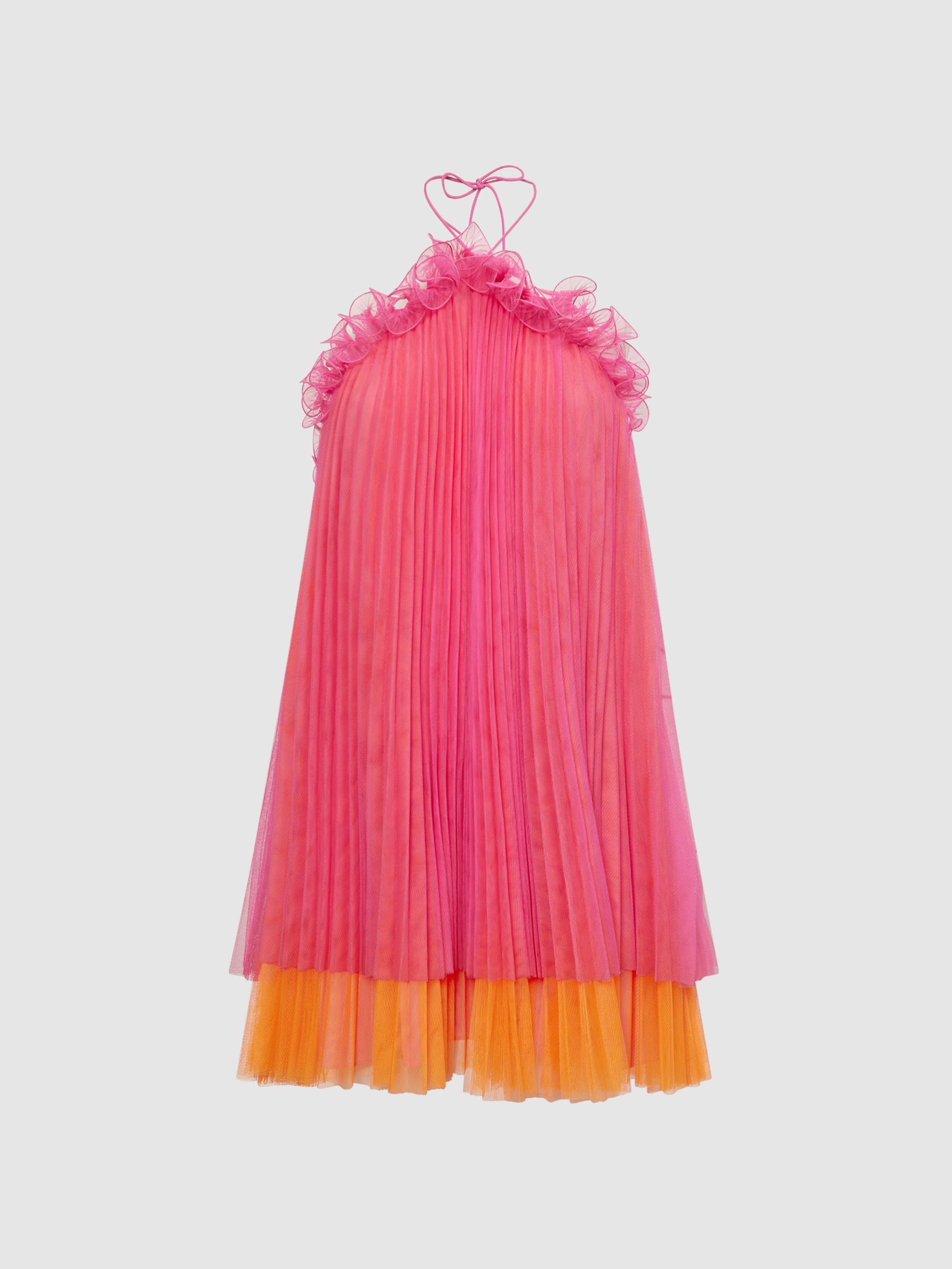 Amur Halter Neck Pleated Mini Dress in Orange Punch - Image 2 of 5