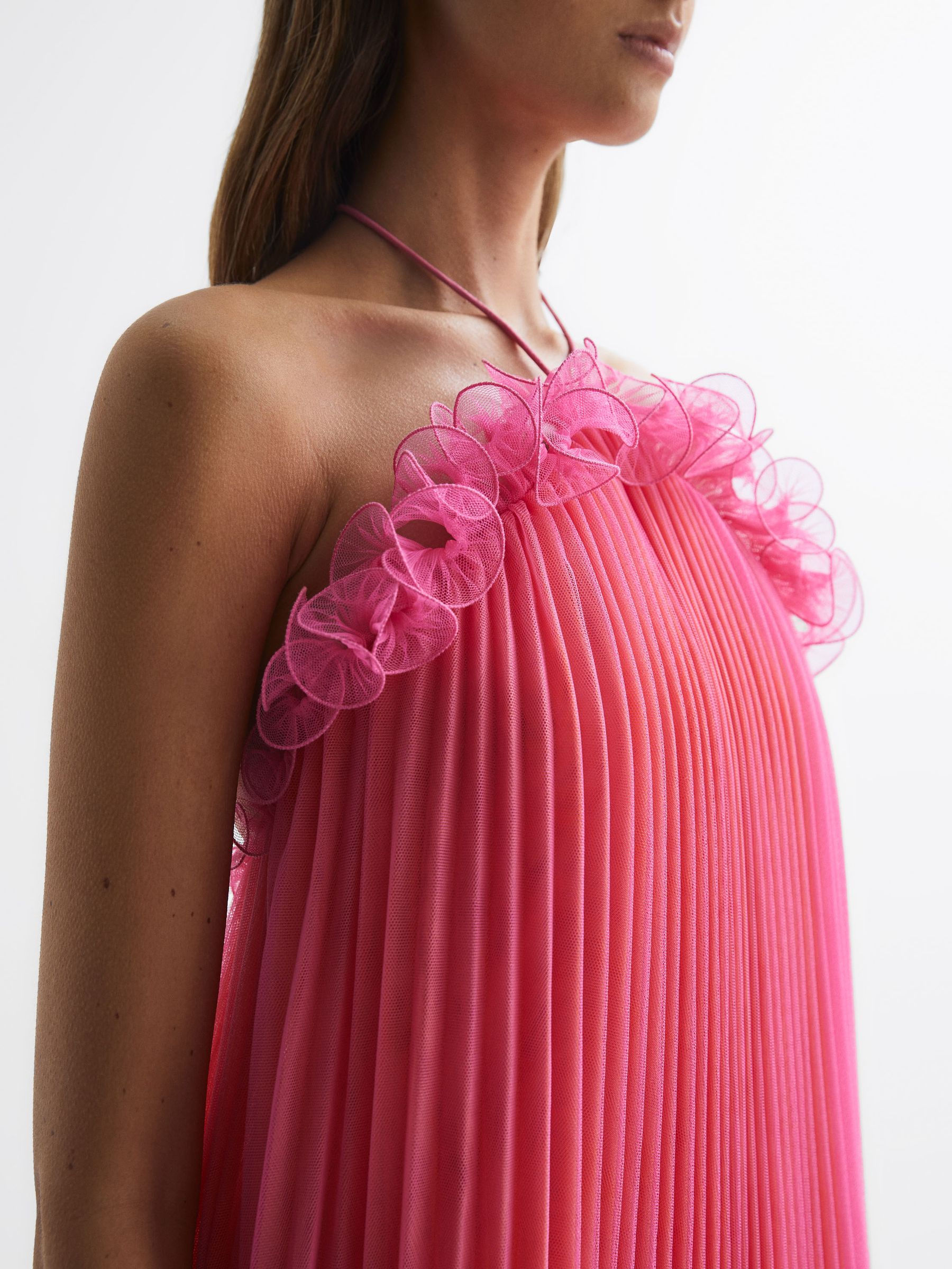 Amur Halter Neck Pleated Mini Dress in Orange Punch - Image 3 of 5