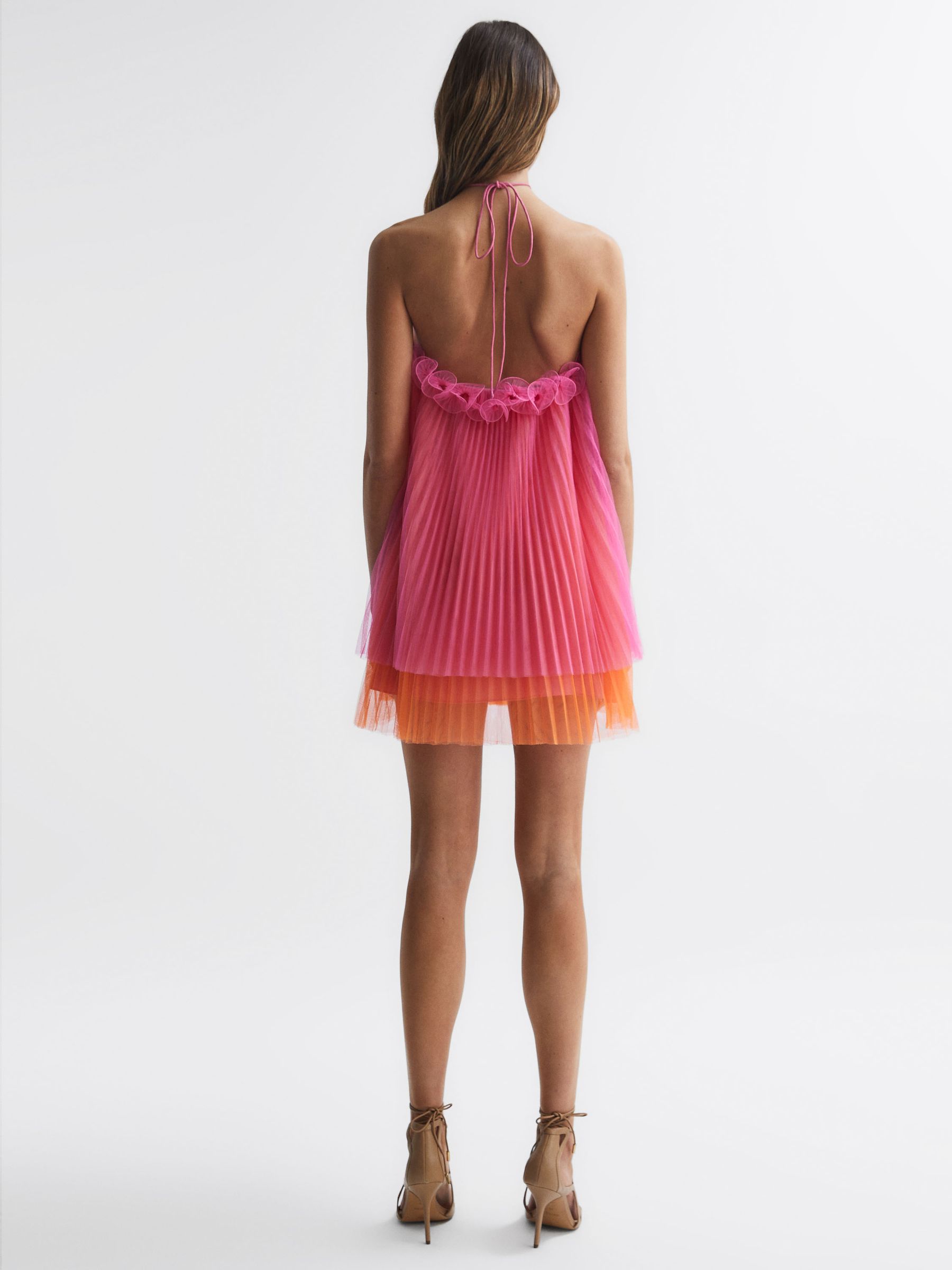 Amur Halter Neck Pleated Mini Dress in Orange Punch - Image 4 of 5