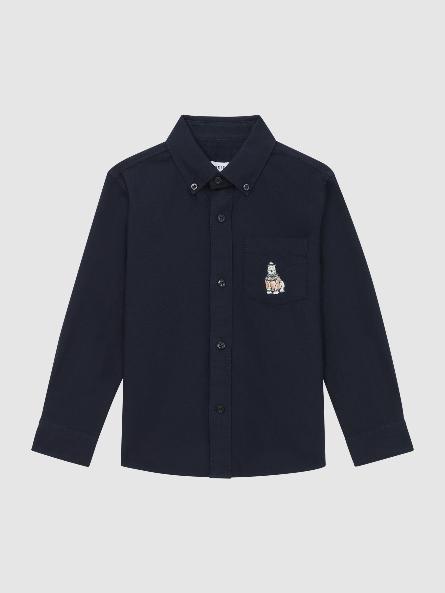 3-9 yrs Slim Fit Button Down Collar Motif Shirt in Navy - Image 2 of 5