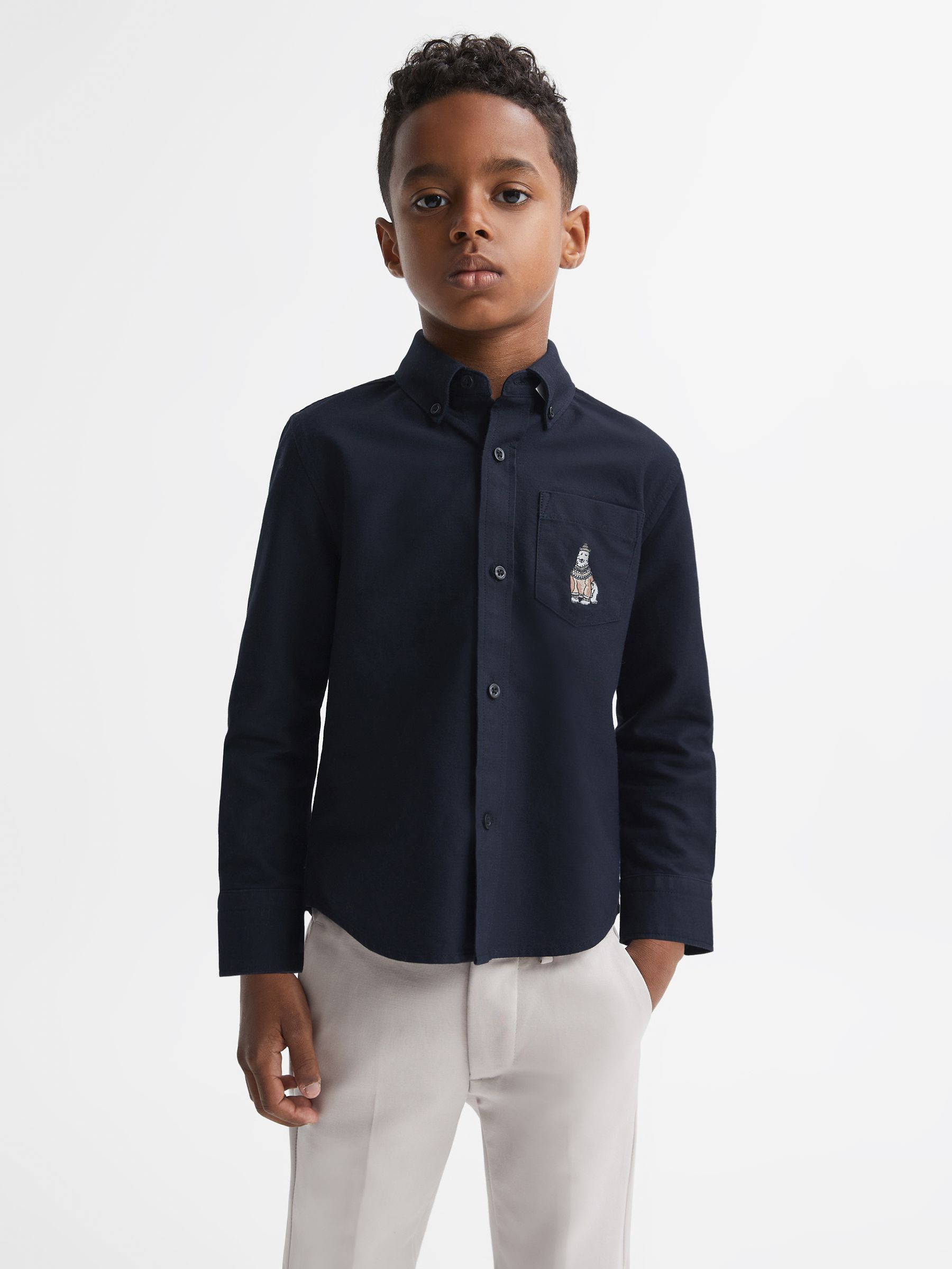 3-9 yrs Slim Fit Button Down Collar Motif Shirt in Navy - Image 3 of 5