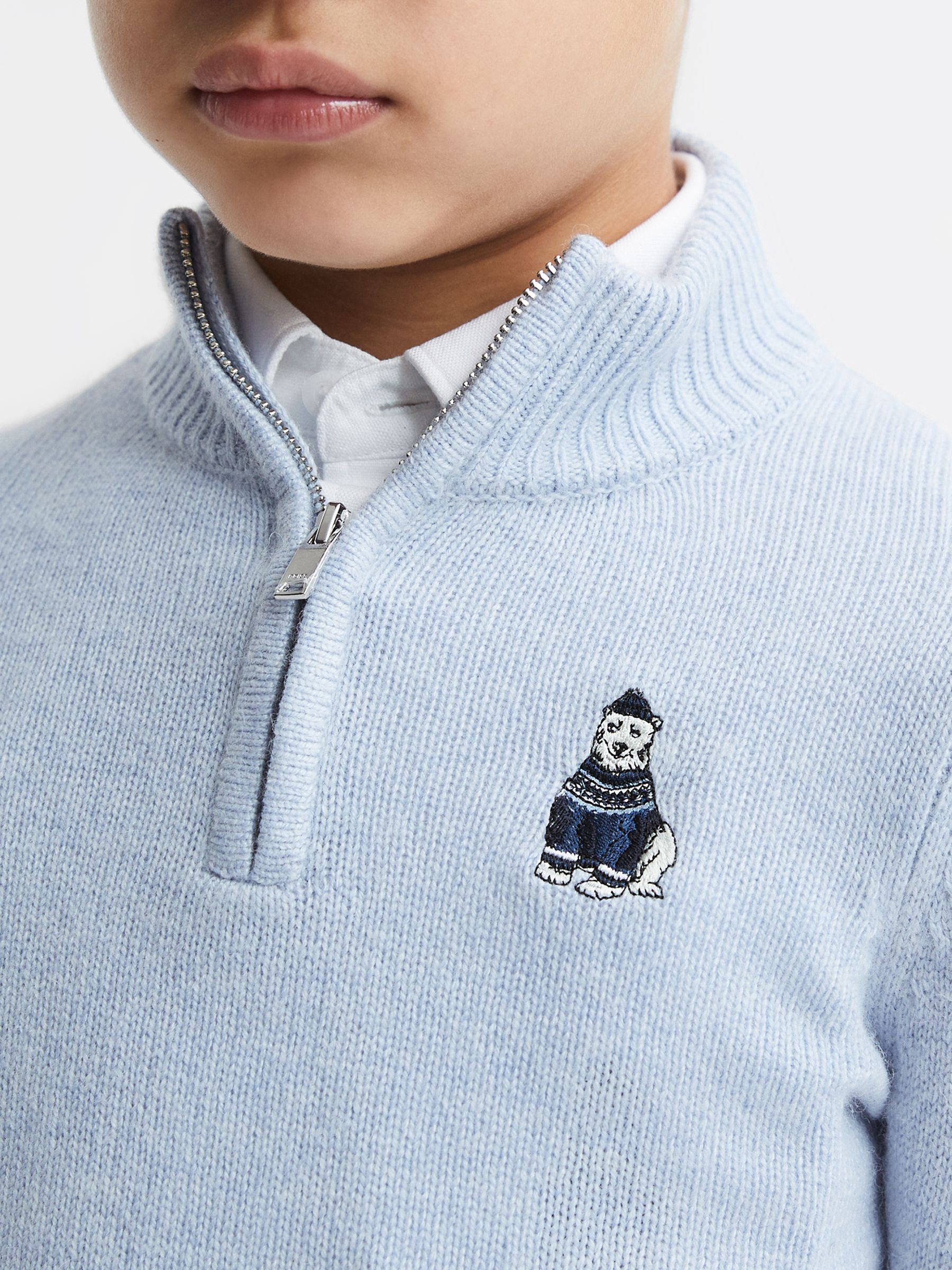 Senior Wool Motif Half-Zip Funnel Neck Jumper in Soft Blue - Image 1 of 5