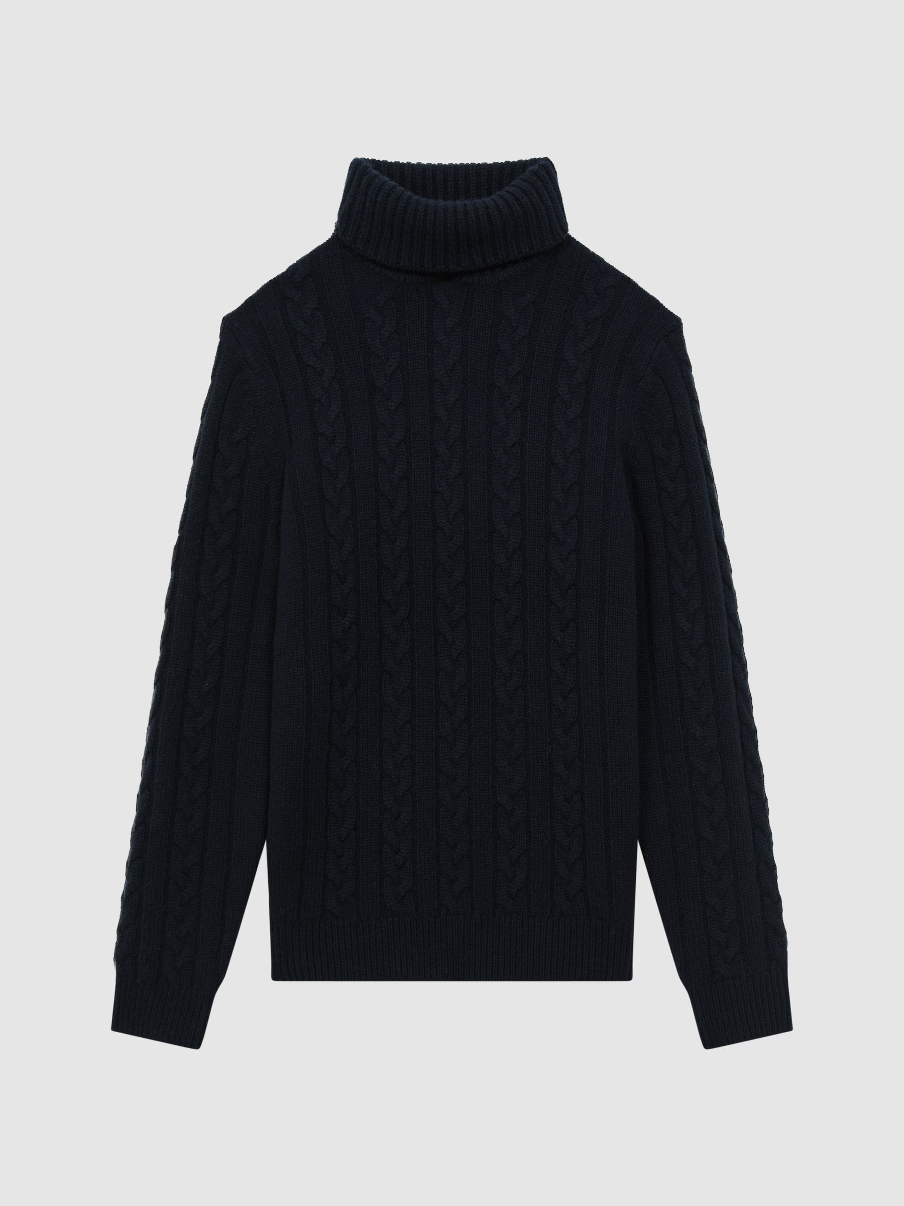 Atelier Cashmere Cable Knit Funnel Neck Jumper in Navy - Image 2 of 6
