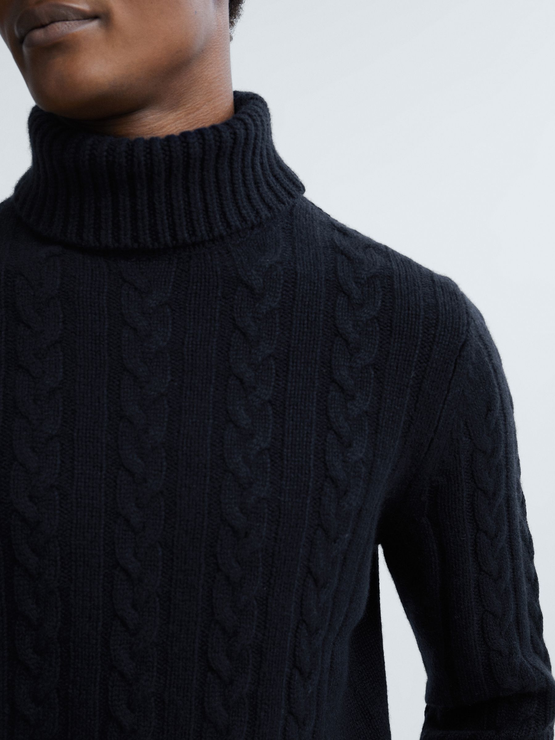 Atelier Cashmere Cable Knit Funnel Neck Jumper in Navy - Image 4 of 6