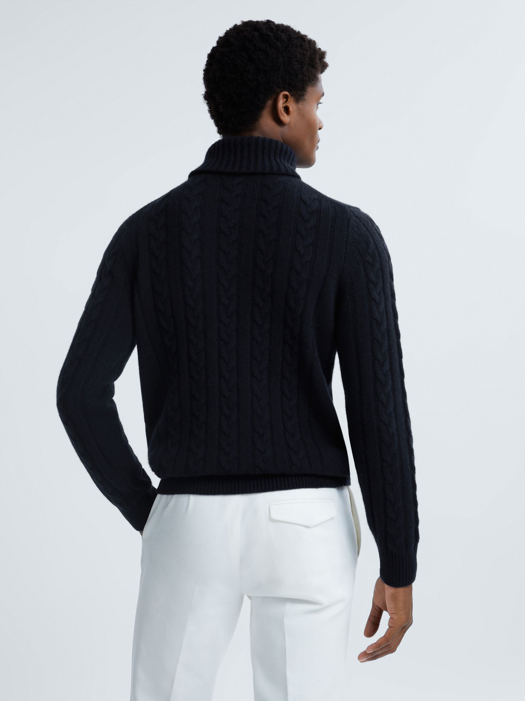 Atelier Cashmere Cable Knit Funnel Neck Jumper in Navy - Image 5 of 6